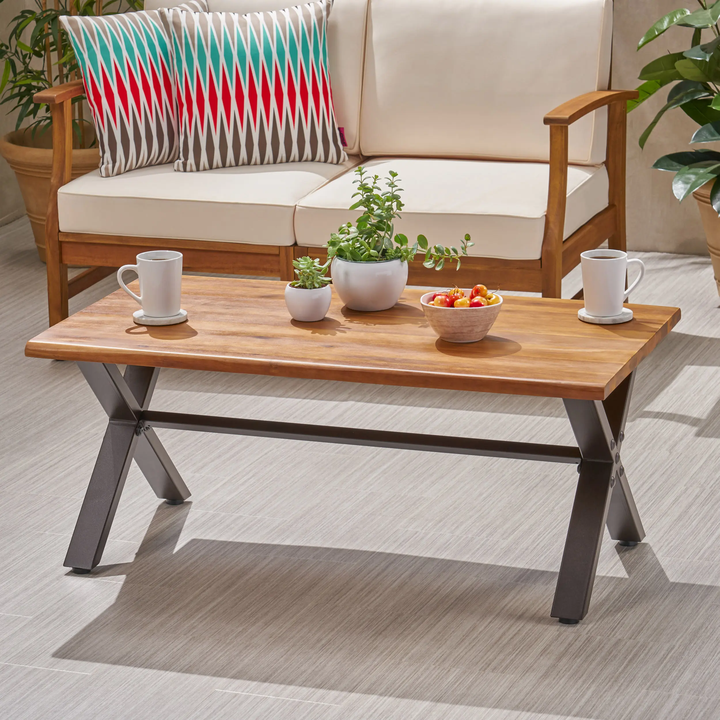 Nokaa Outdoor Coffee Table Acacia Wood Patio Table with X-Shaped Metal Legs, Industrial Style, Brown and Black Finish, 43.25L x 27.25W x 18H, for Garden, Deck, Balcony, Backyard, Porch, Courtyard