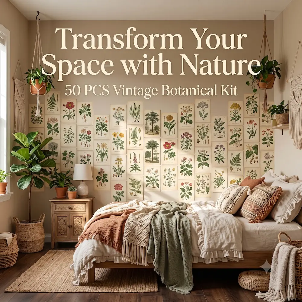 50 PCS Vintage Botanical Wall Collage Kit, 4x6 Inch Room Decor Aesthetic Photo Prints, Cottagecore Wall Art Poster Set for Bedroom & Dorm