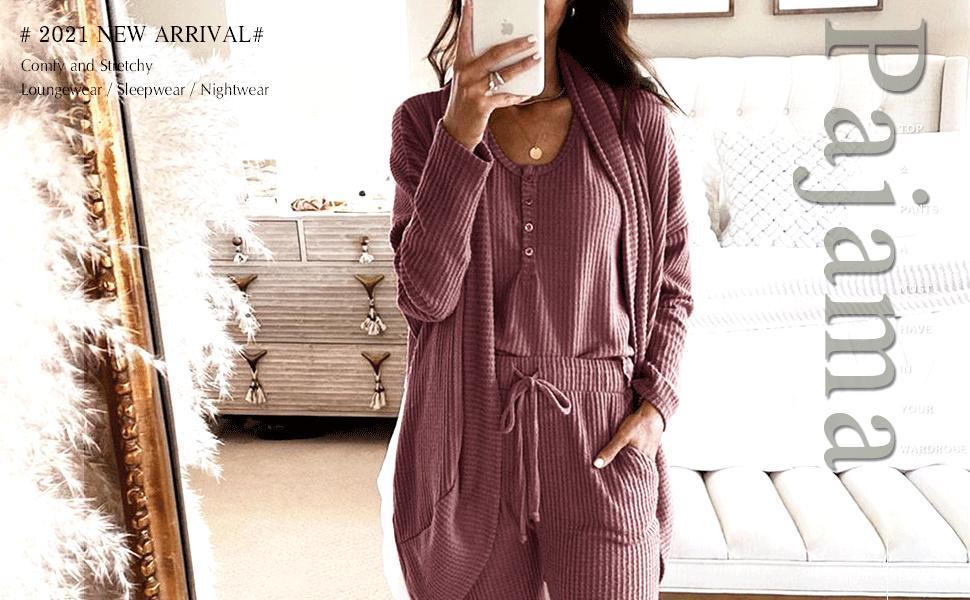 FMEYOA Womens Waffle Knit 3 Piece Lounge Sets Pajama Tank Top Long Sleeve Cardigan and Pants Loungewear Outfit