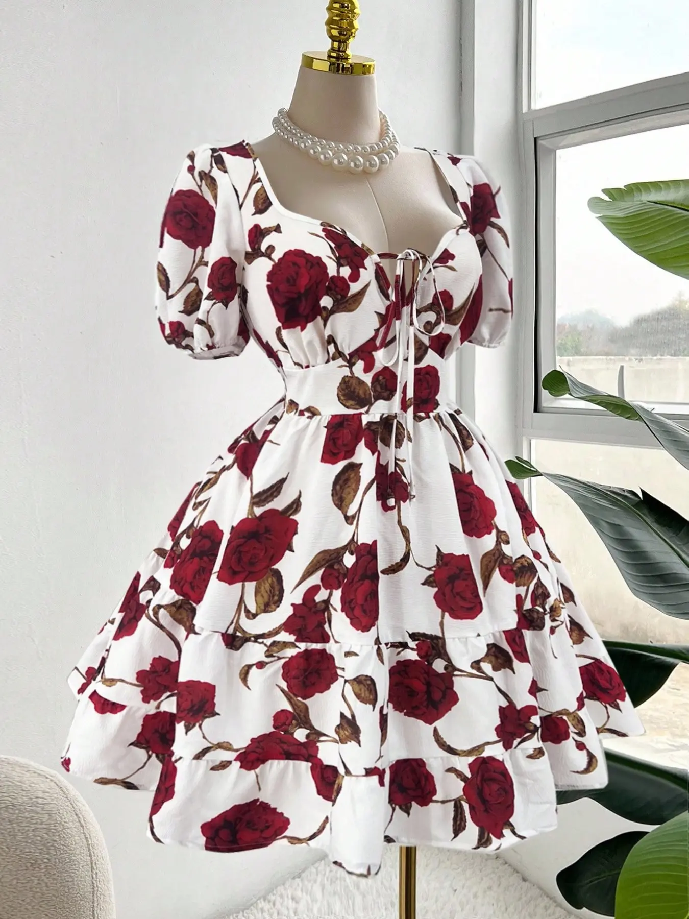 Summer Red Rose Floral Print Layered Tiered Ruffle Cake Mini Dress, Sexy V Neck Short Sleeve Bow Tie Back Smocked Waist Romantic Outfit for Beach Vacation Birthday Date Valentine Art Shoot