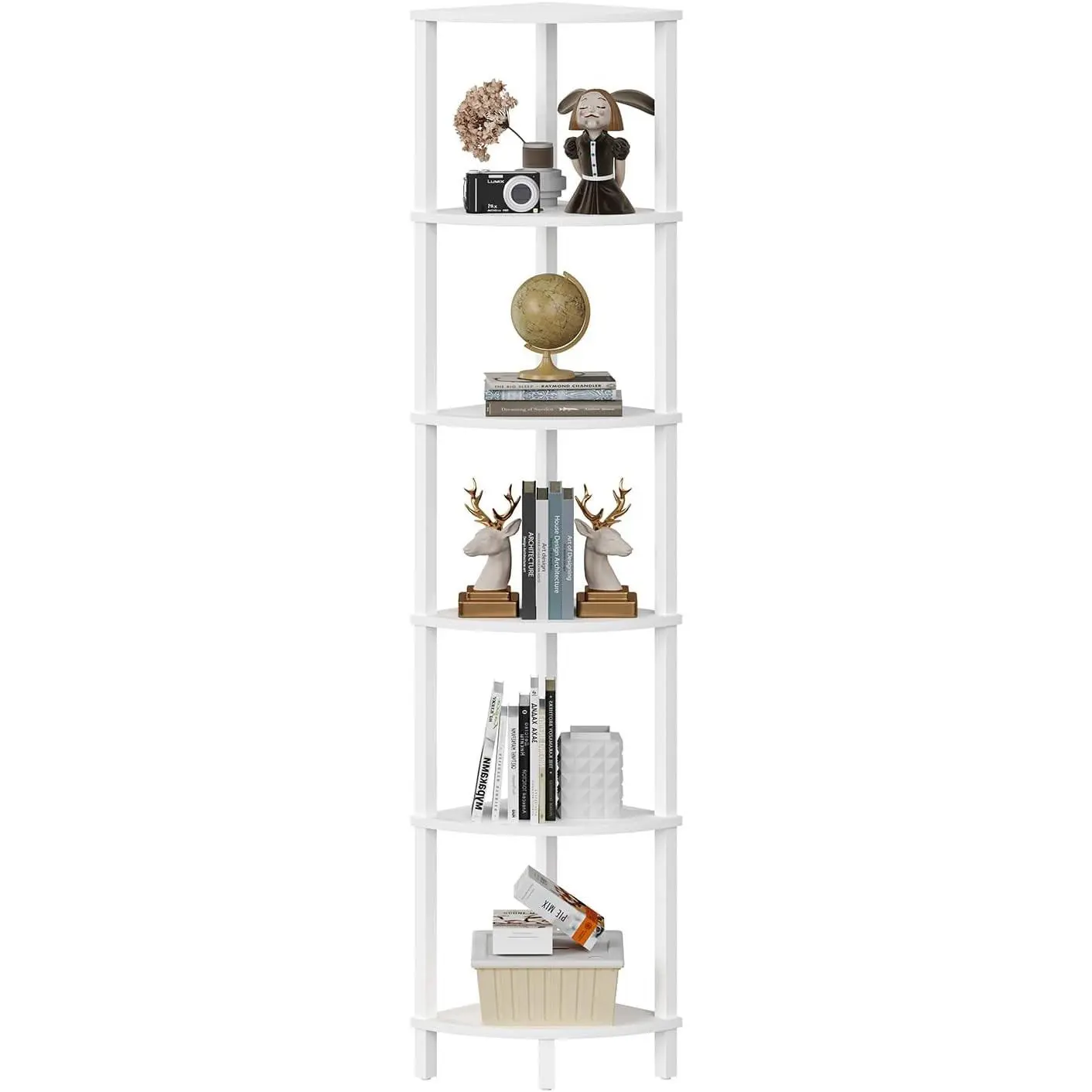 Corner Shelf, 6-Tier Corner Bookshelf, Industrial Corner Ladder Shelf, DIY Storage Shelves, Modern Display Shelf for Living Room, Bedroom, Kitchen, Home Office, White UJSJ004W