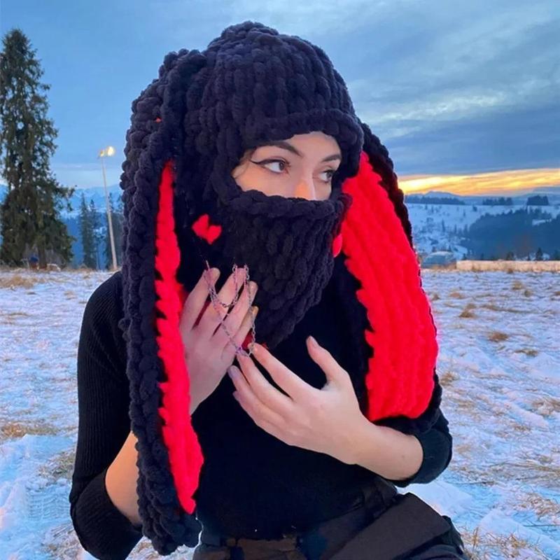 Big Rabbit Ears Knitted Hat Thick Warm Fleece Hat Mask Headgear Sweet ...