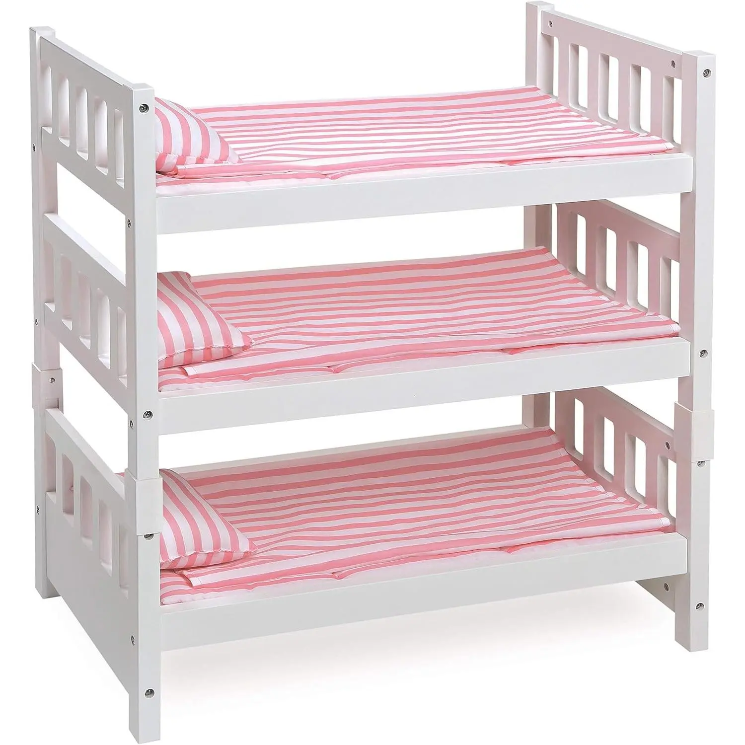 1-2-3 Convertible Doll Bunk Bed - Pink Stripe Design with Bedding and Personalization Kit - Doll Crib Furniture for 18 to 20 Inch Baby Dolls and Accessories - White