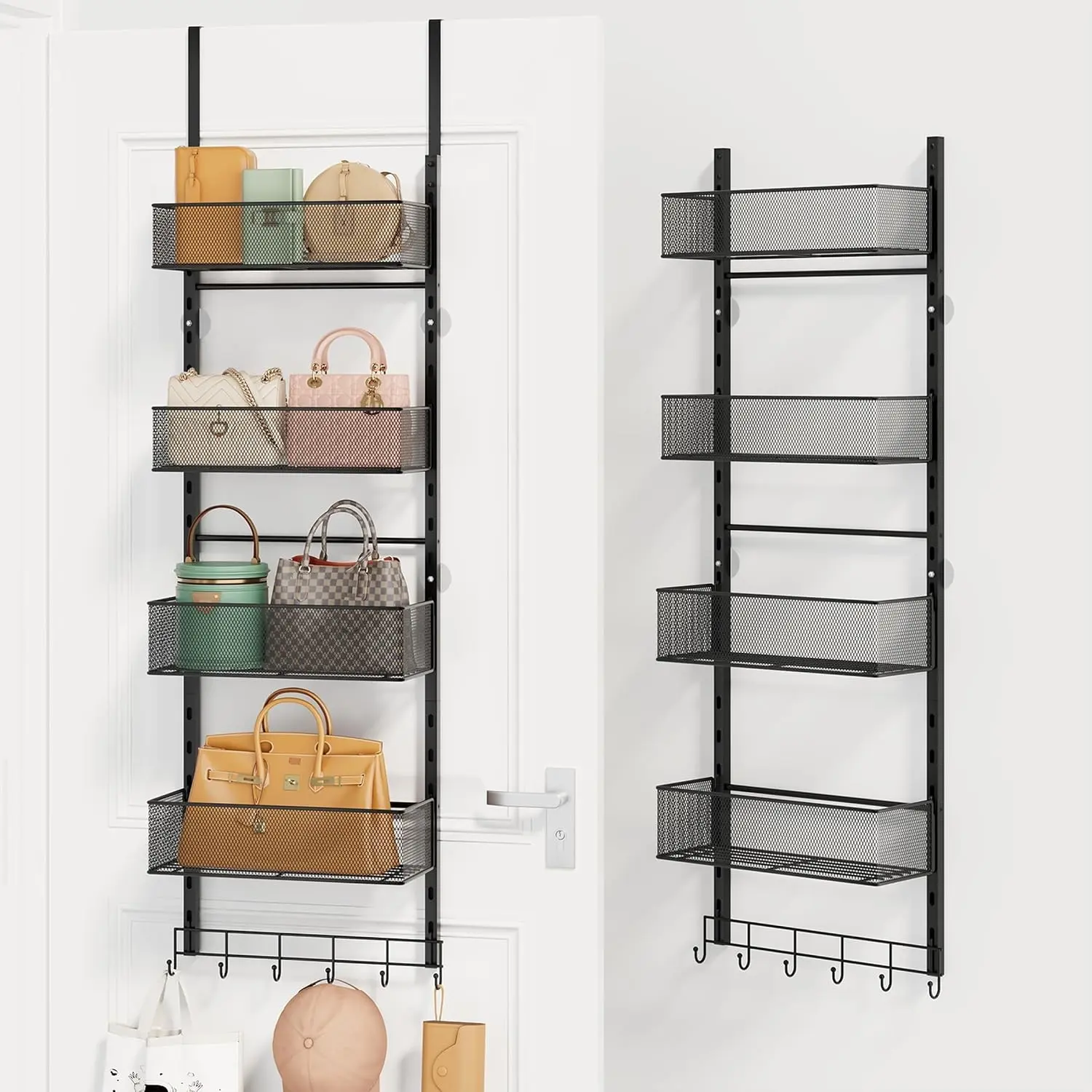 Over the Door Purse Organizer - Wall Mounted Purse Rack with 4 Adjustable Metal Basket and 6 Hooks, Hanging Bag Rack for Handbag Organizer, Bag Storage Can Use As 1/2 Part, for Door, Closet