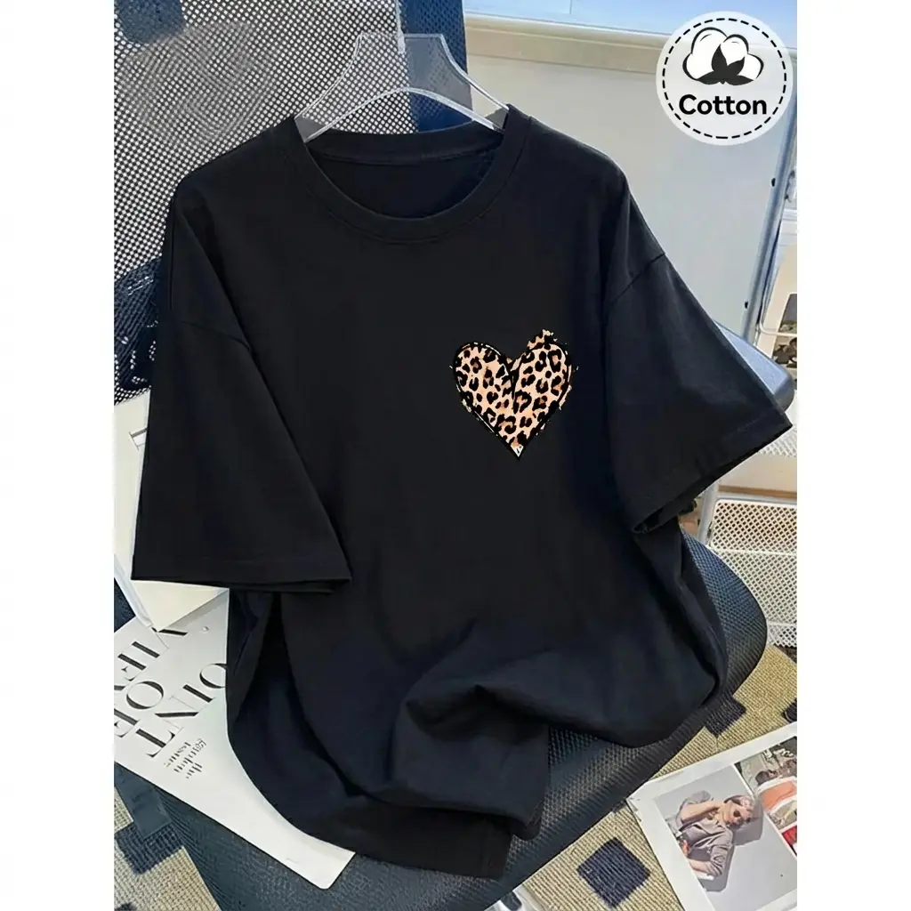 Men's Stretch Cotton T-Shirt - Round Neck, Short Sleeve, Vintage Streetwear, Retro Wash, INS-Inspired Leopard Print Heart, Loose Casual Menswear Fashion Apparel, Summer Essential Tshirt, Vintage Graphic Tees, Men's Graphic Tees