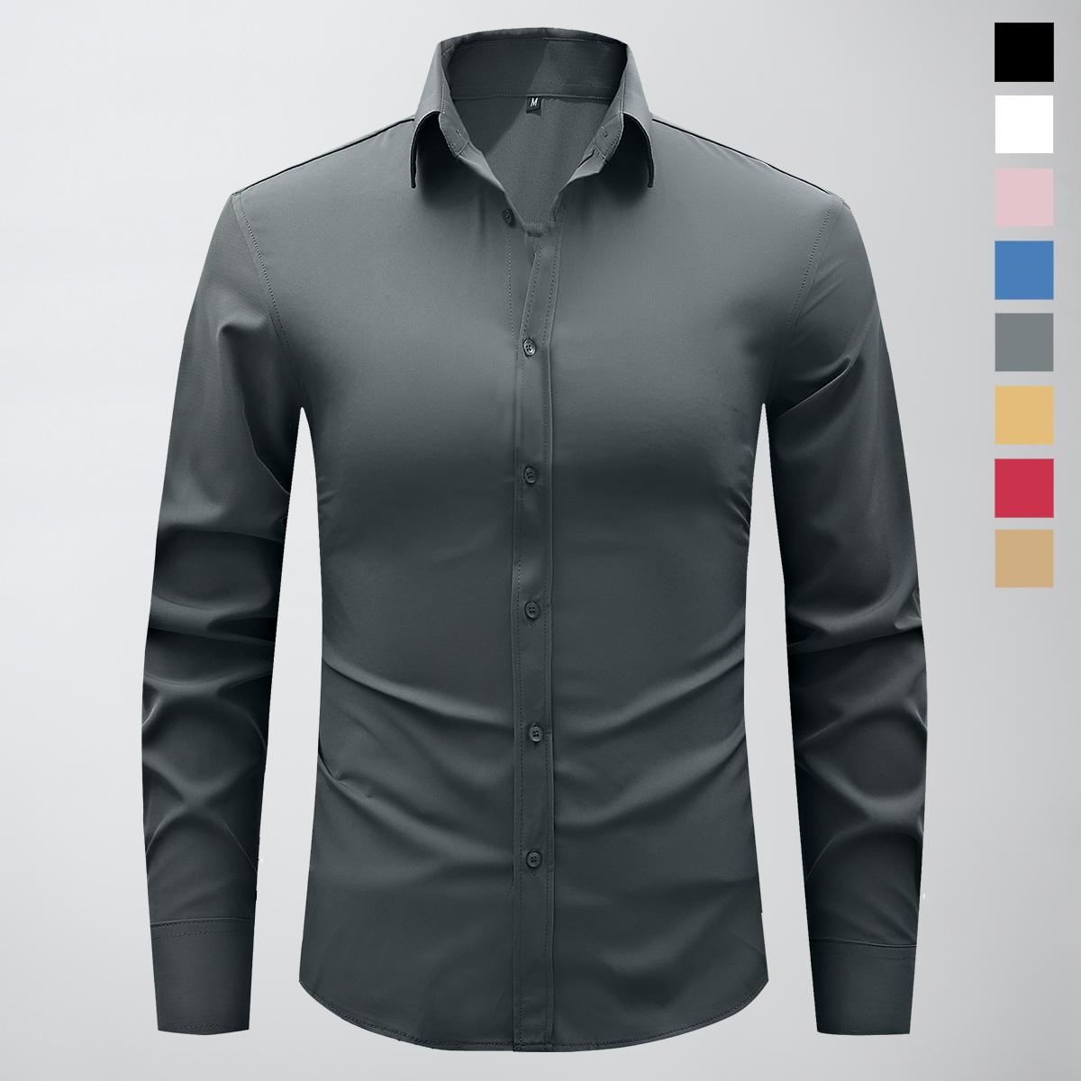 Non-stretch men’s slim-fit long-sleeve shirt; casual button-front dress shirt suitable for semi-formal and business-casual occasions; men’s formal inner layer; solid-color pointed-collar button-front long-sleeve shirt; menswear
