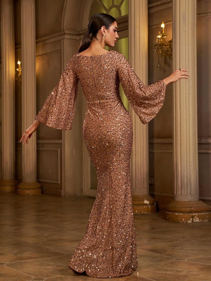 Elegant Sequin Toast Dress Mid-Length Slimming Solid Color V-Neck Evening Dress for Women Long Sleeve Vneck Formal Wear