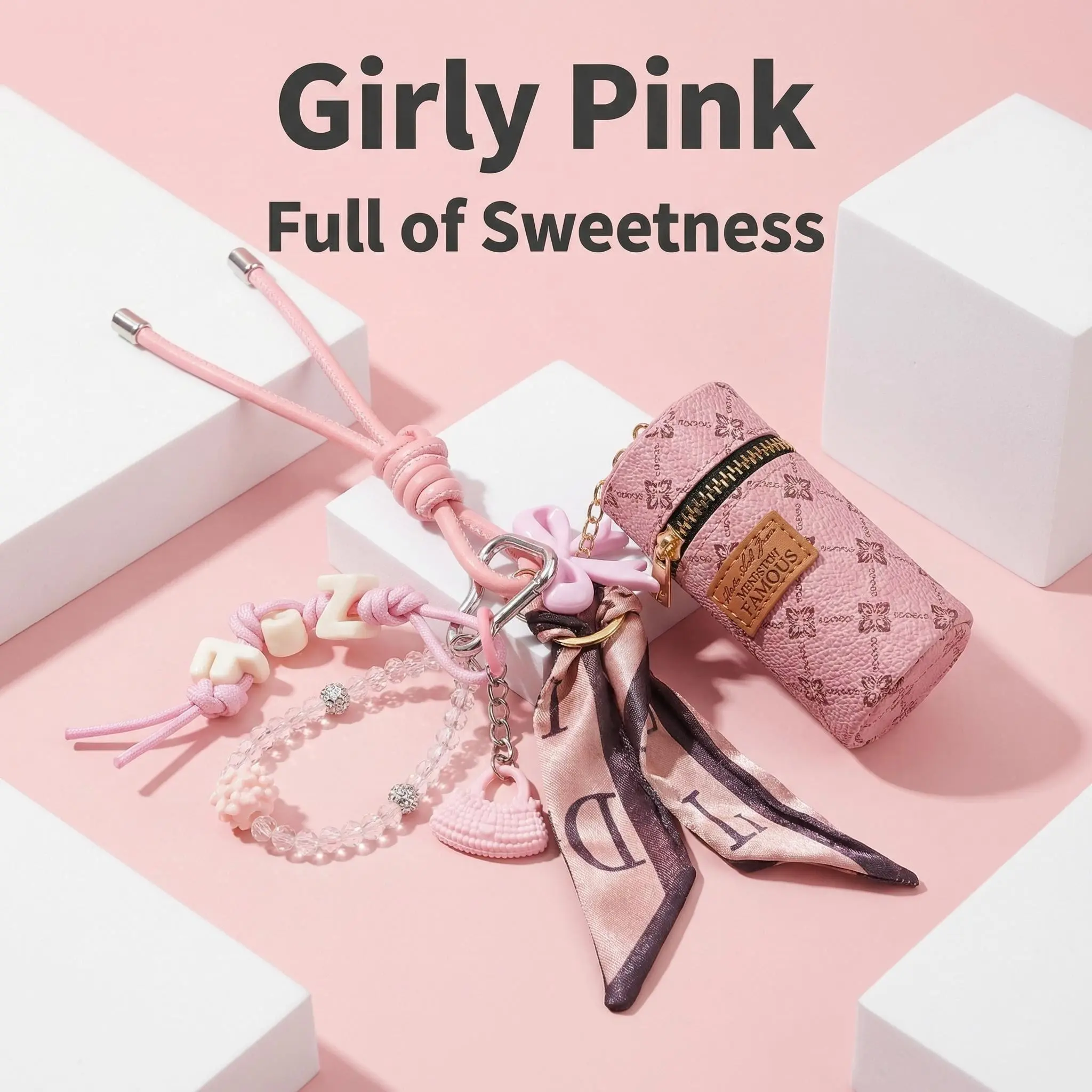 Women's Kawaii Accessories Keychain - Pink, Light Blue, White Multi-Color, PU Leather Zipper Coin Pouch, Crystal Beads Geometric Synthetic Charms for Storing Lipstick & Coins