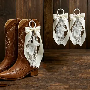 Set of 2 Boot Bows White Satin Bow Cowboy Boot Charms with Double White Feather Lace Trim Vintage Western Boot Tassel Ornaments Bridal Bachelorette Wedding Cowgirl Boot Pull AccessoriesBoot Bows