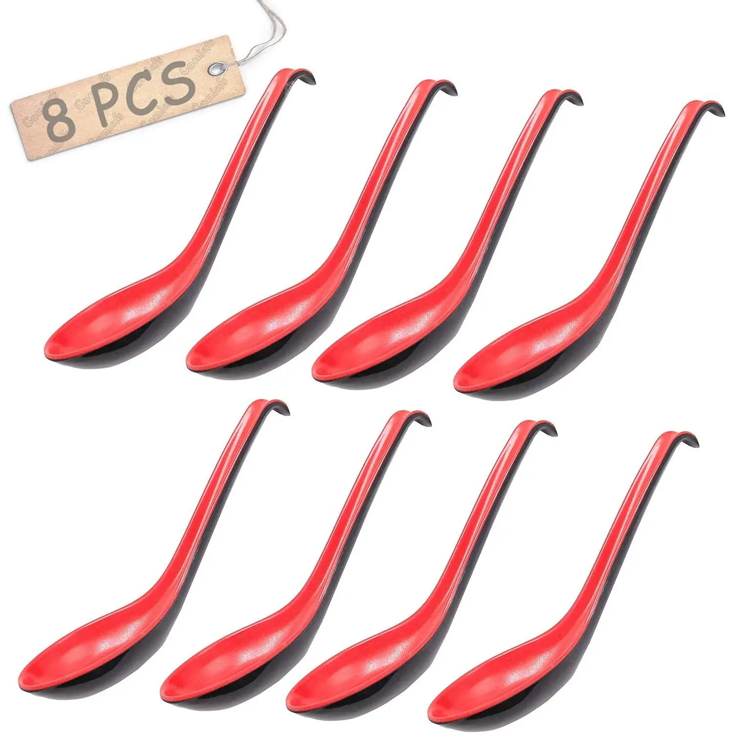 Comicfs Asian Soup Spoons 8 pieces, Large Japanese Soup Spoons, Soba Rice Pho Ramen Noodle Soup Spoon, Chinese Won Ton Soup Spoon, Hook Style (Red and Black)