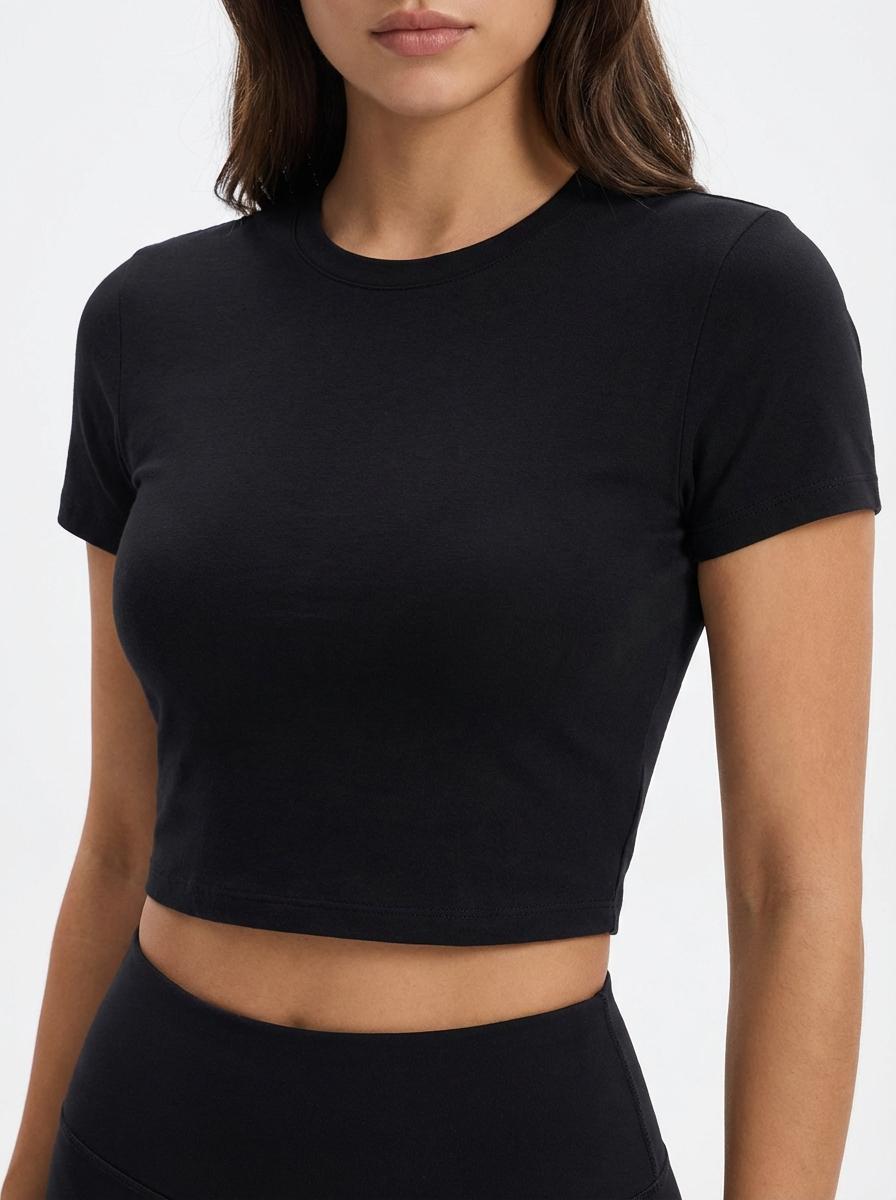 Woman Solid Cotton Crop Tops Short Sleeve High Elastic T-Shirt Soft O-Neck Sporty Tees Summer Street Fashion Female Clothes