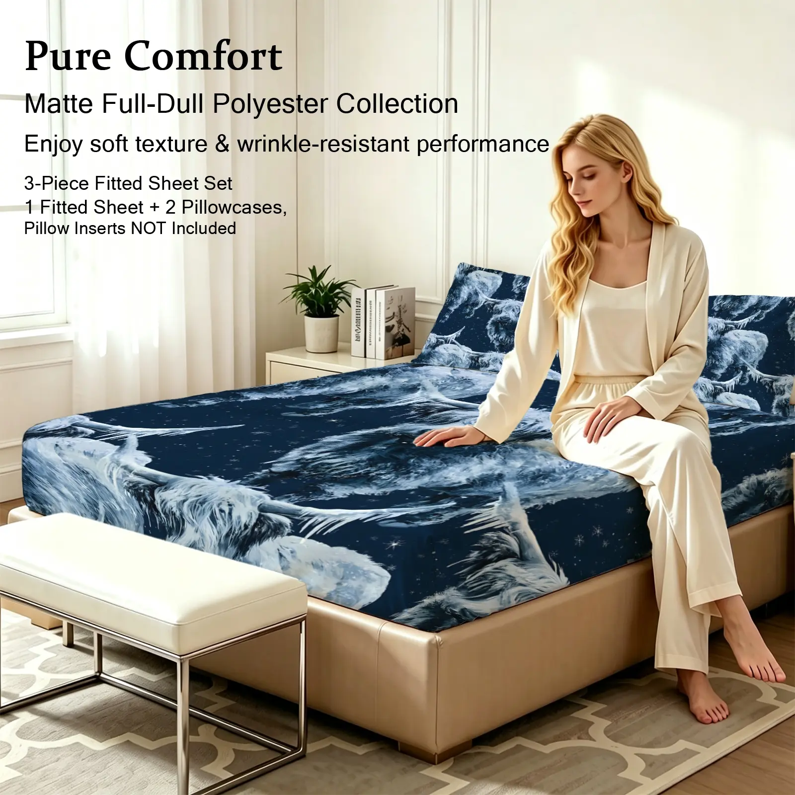 3pcs Fitted sheet Navy Blue White Marble Print Soft Microfiber Bedding Set, Wrinkle Resistant Fade Proof Breathable Machine Washable Bed Sheet Set with 2 Pillowcases, Fits Twin Full Queen King Cal King Sizes, Ideal for Bedroom Guest Room Home