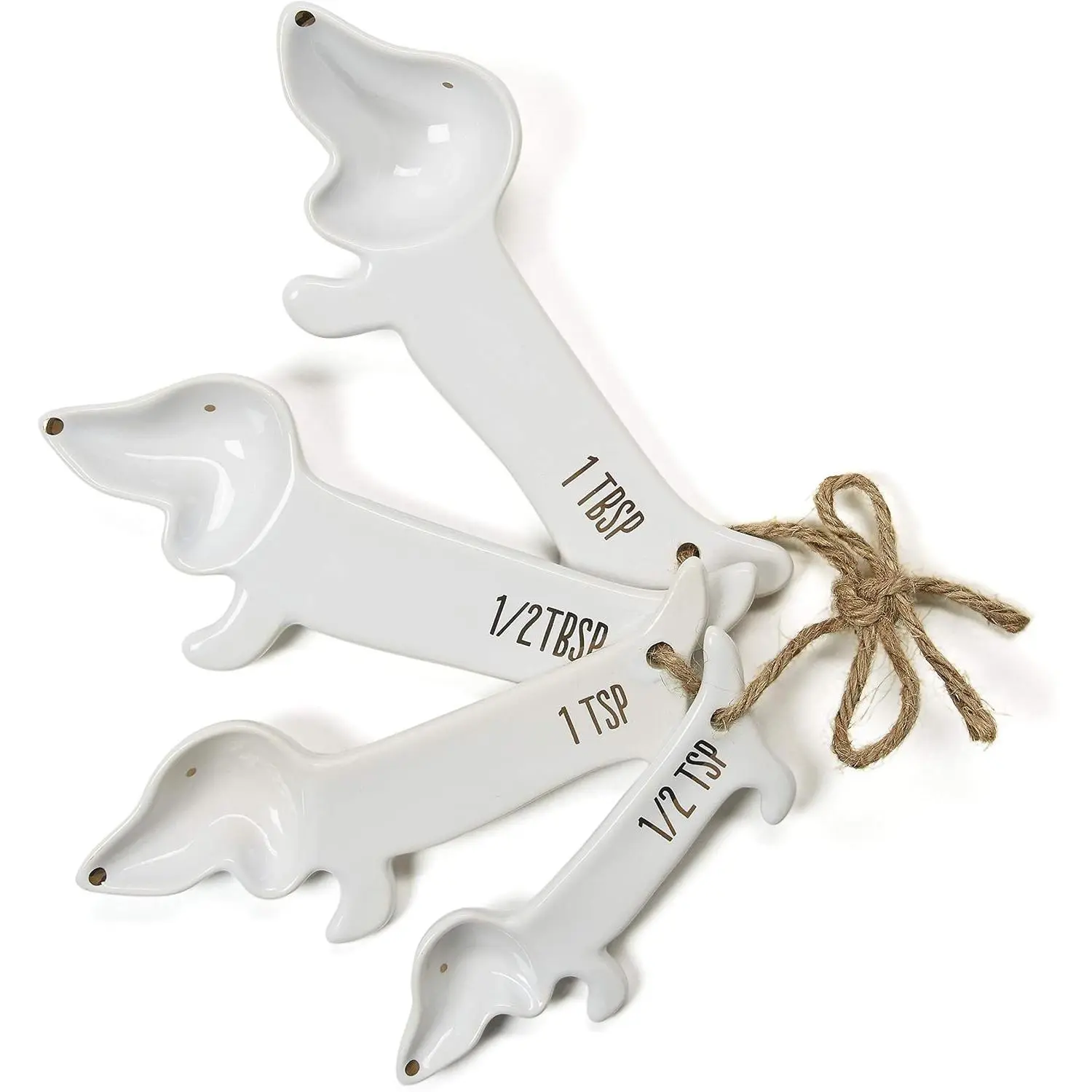 Dachshund-Shaped Sturdy Ceramic Measuring Spoons, Set of 4, Dog Lover Kitchen Baking Scoop Tools, White, Gift for Dachshund Enthusiasts