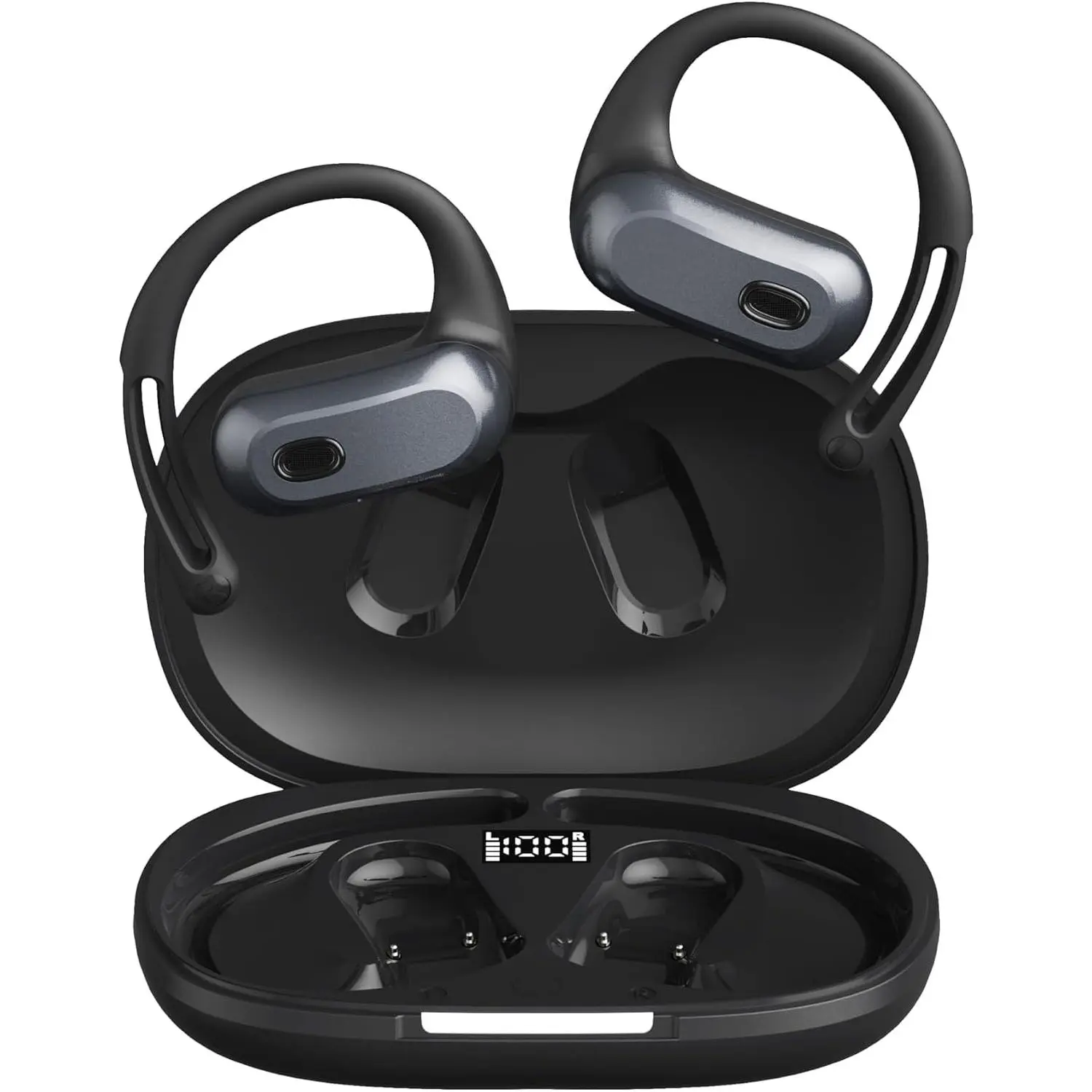 Open Ear Headphones,Silicone Ear Hanger,360-Degree Panoramic Sound,Air Conduction, LED Display,IPX7 Waterproof, Wireless Earbuds for Meeting, Driving,Traveling (Black)