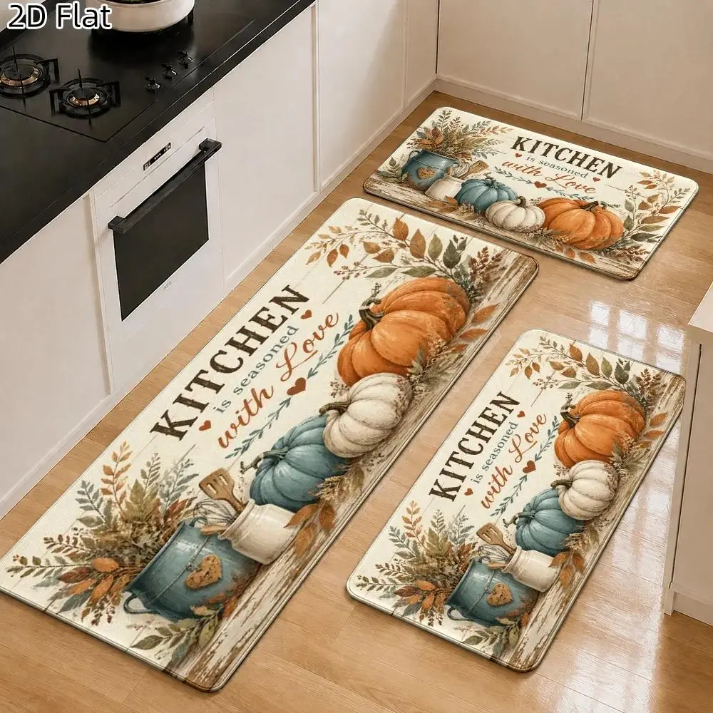 1-3pc Farmhouse Flannel Fabric Floor Mat Set - Autumnal Rustic Pumpkin, Plant Motifs Printed Rugs, Stain Resistant Easy-to-Clean Decor Kitchen Accessories for Indoor Thanksgiving Use