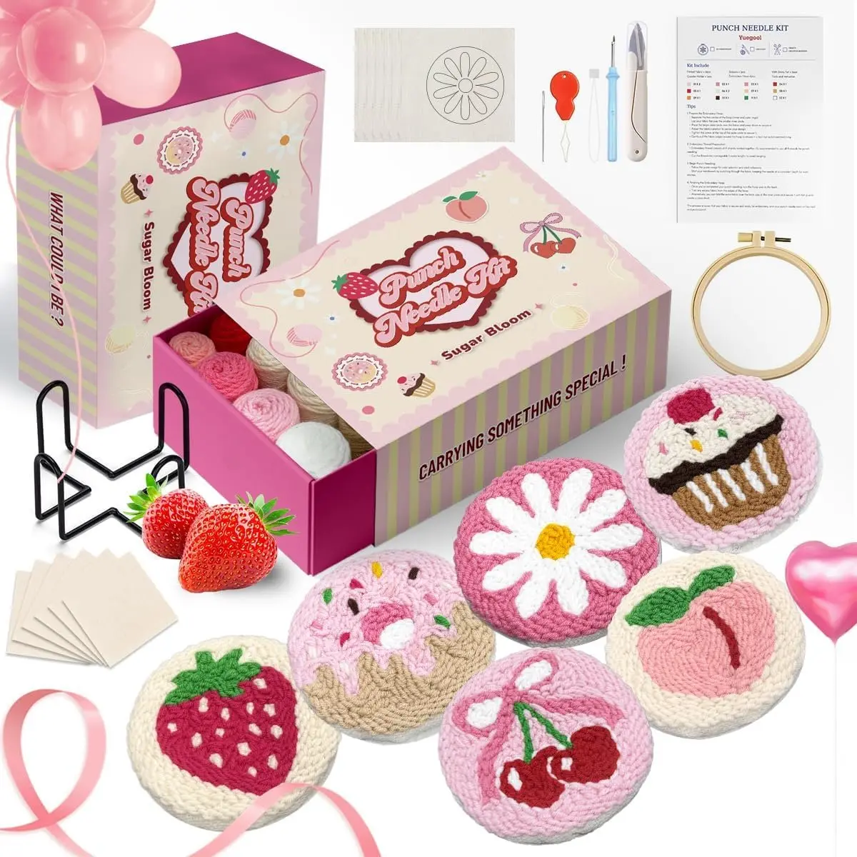 6 count Punch  Coaster Kit,Easy DIY Embroidery Set for Beginners,  & Adults with Patterns, Tools, Yarns, Hoop, Instructions & Coaster Holder