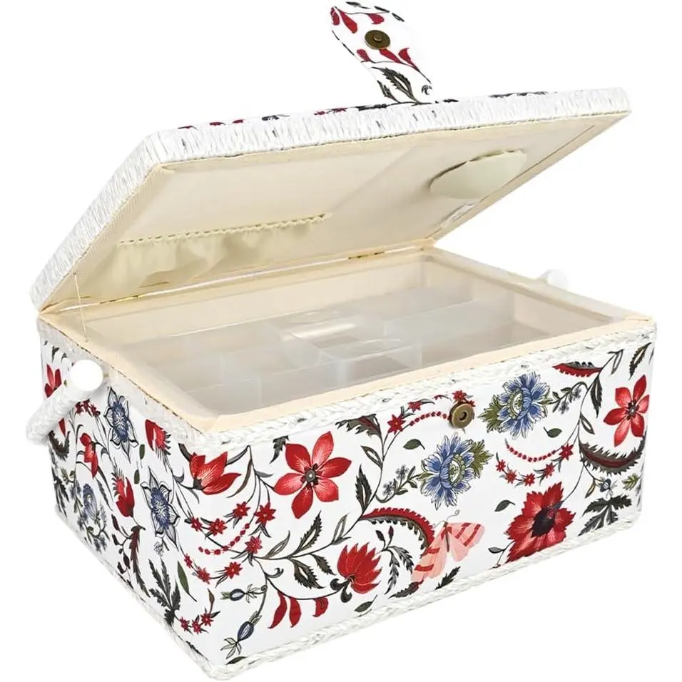 Large Sewing Basket with No Accessories and Removable Tray, Bright White and Red Sewing Box for Sewing Supplies, Ideal for Professional Seamstress