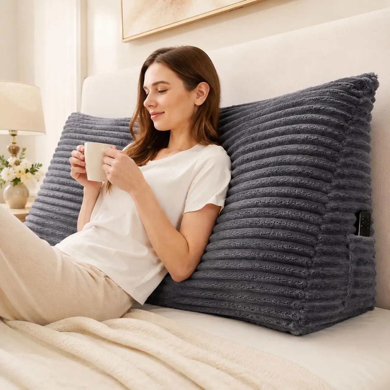 Headboard Pillow , Headboard Wedge Pillow,  Rest Pillows for Sitting, Reading, Working, Triangle Pillow with Removable Cover, Daybed Pillows for Bed Dorm Sofa, Dark Grey