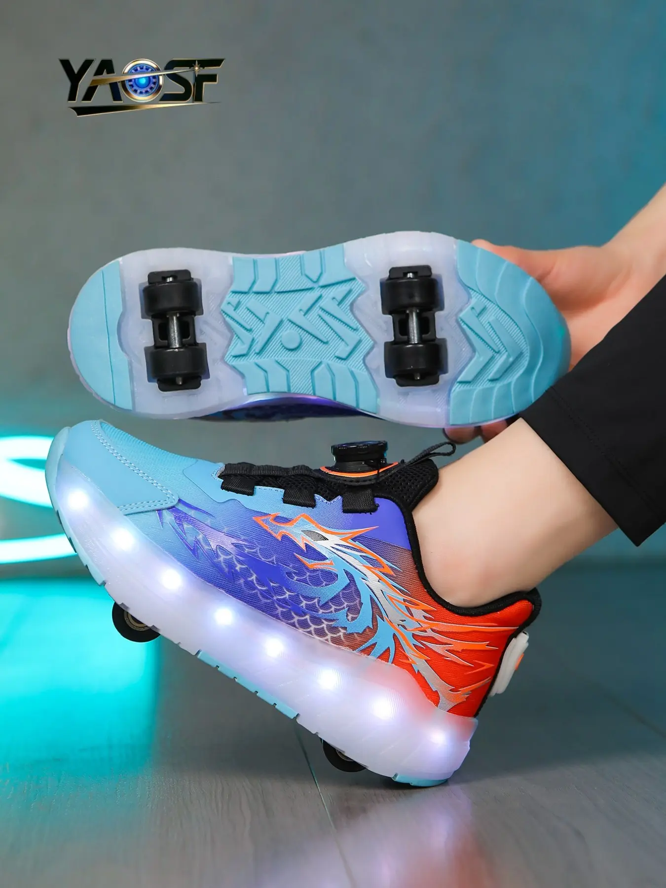 Yaosf Detachable Four-Wheel Glowing Roller Skates, RGB LED Neon Light Band, Adjustable Lights, PU Wheels, Kids & Teens, Outdoor Streetwear