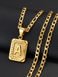 1pc Men's Necklace with Square Pendant and Initial Letter, Stainless Steel Jewelry with Figaro Chain, Personalized A-Z Letter Design