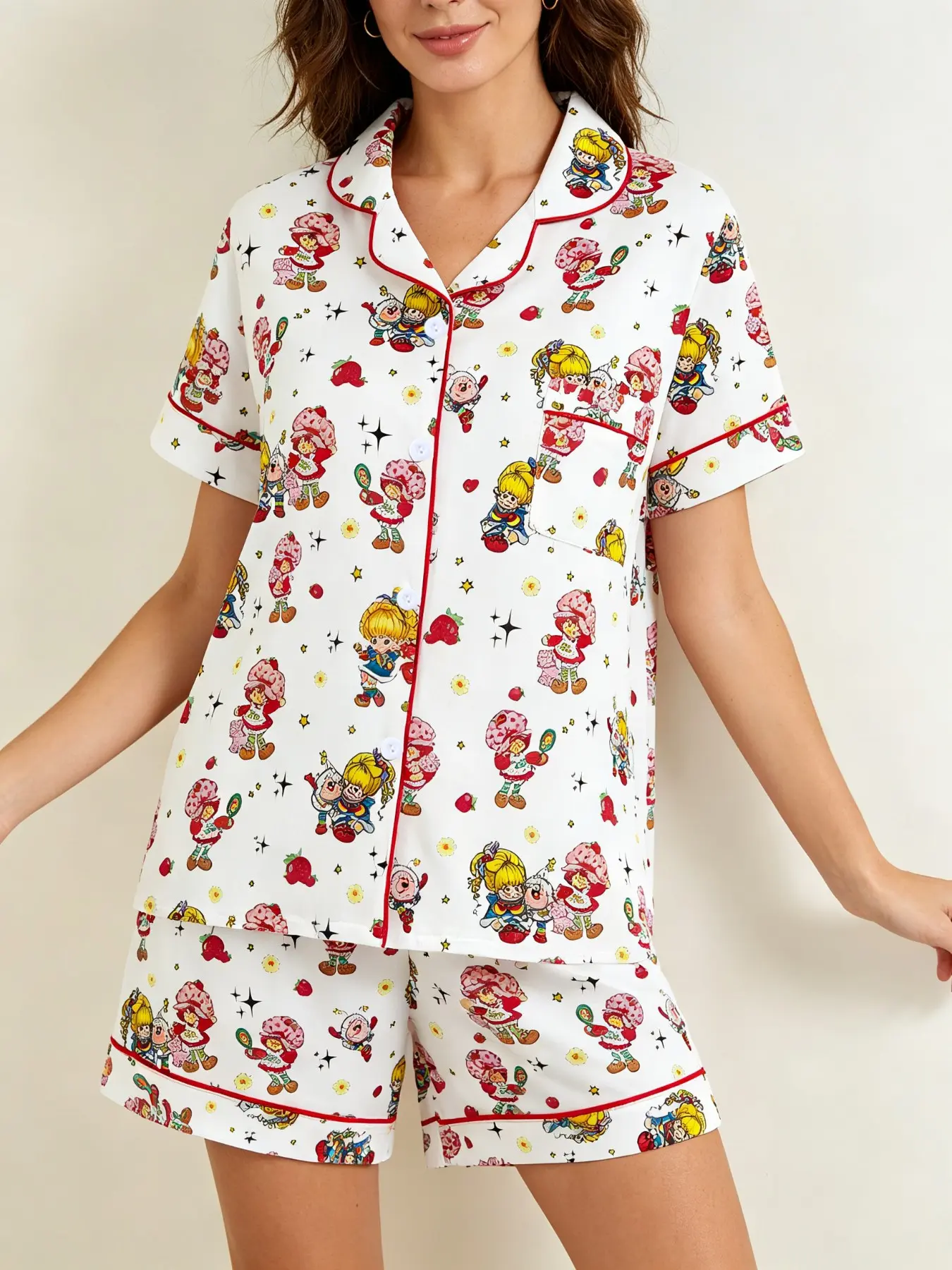 Women's Summer Anime Strawberry Hat Pajama Set, Cartoon Print Sleepwear, Soft Casual Home Wear, Lightweight Comfortable, Casual Everyday Loungewear