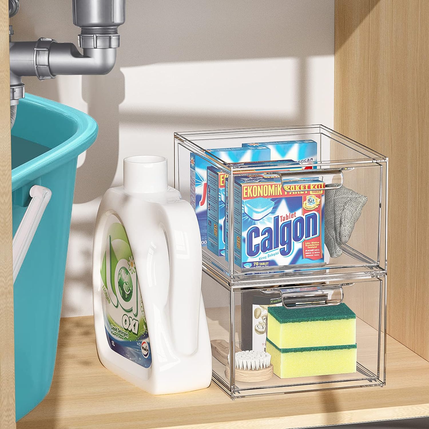 2 Pack Stackable Makeup Organizer and Storage,  Organizers,Clear Plastic Storage Drawer with Handles for Vanity, Undersink, Kitchen Cabinets, Pantry