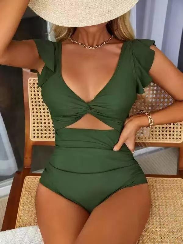 European and American style solid color sexy ruffled backless high-waisted hollow-out one-piece swimsuit