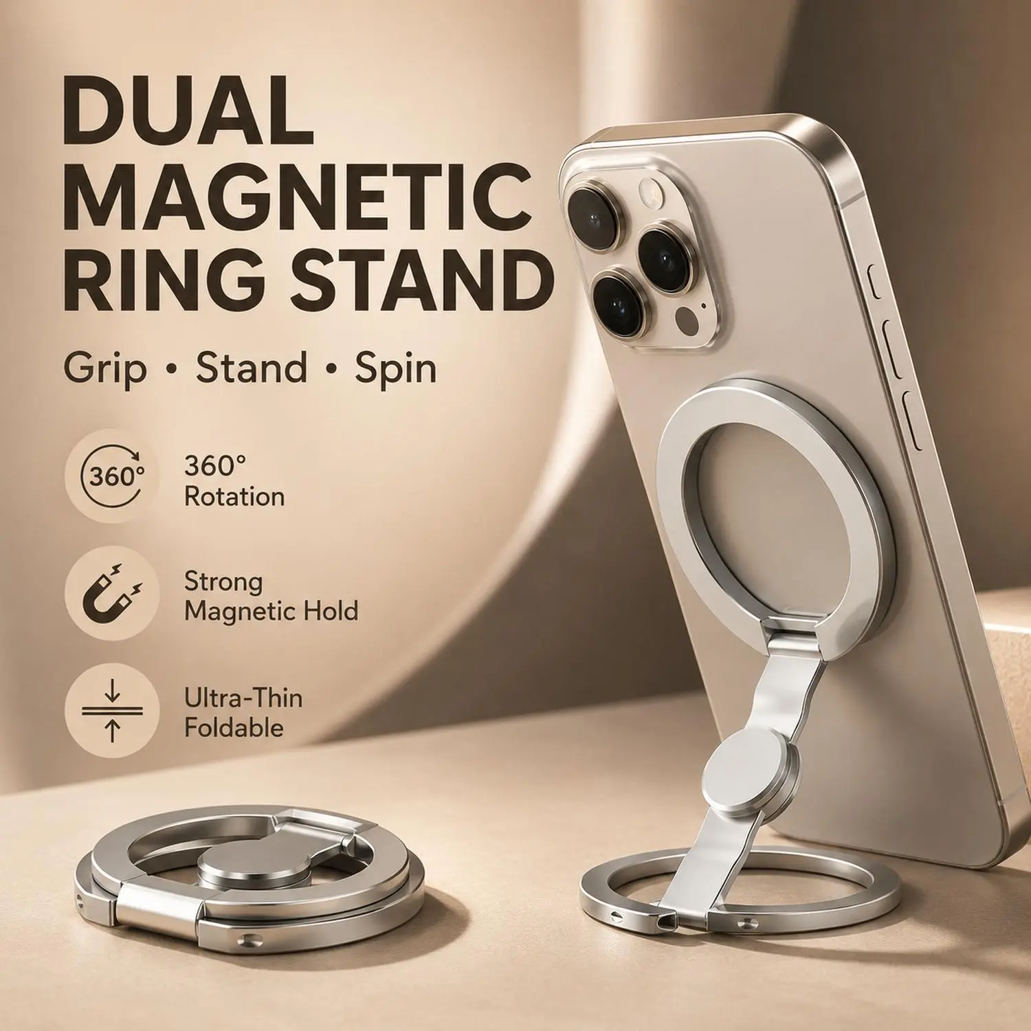 2-in-1 Magnetic Phone Grip Stand | Dual Ring 360° Rotation | Foldable Metal Finger Holder & Desktop Kickstand | Works with All Phones