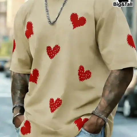 Men's Plus Size Short Sleeve Round Neck Heart Print T-Shirt, Casual and Versatile for Vacation Dining or Daily Dates, Perfect Valentine's Gift for Husband or Boyfriend