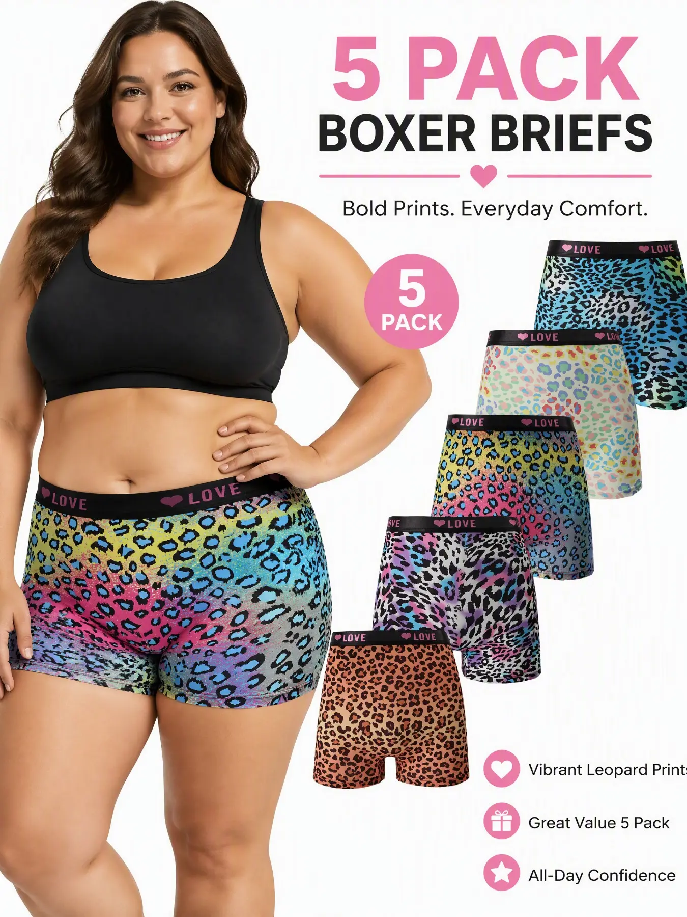 5-Pack High-Waisted Leopard Print Plus Size Women's Underwear, Comfortable Fashion Design, Breathable Fabric, Non-Slip Fit, All Seasons