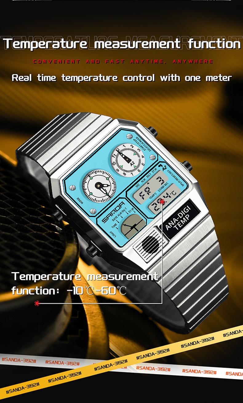 Trendy Men's Square Dial Digital Watch, Street Style Waterproof Luminous Watch, Multifunctional Timepiece with Temperature Measurement & Stopwatch