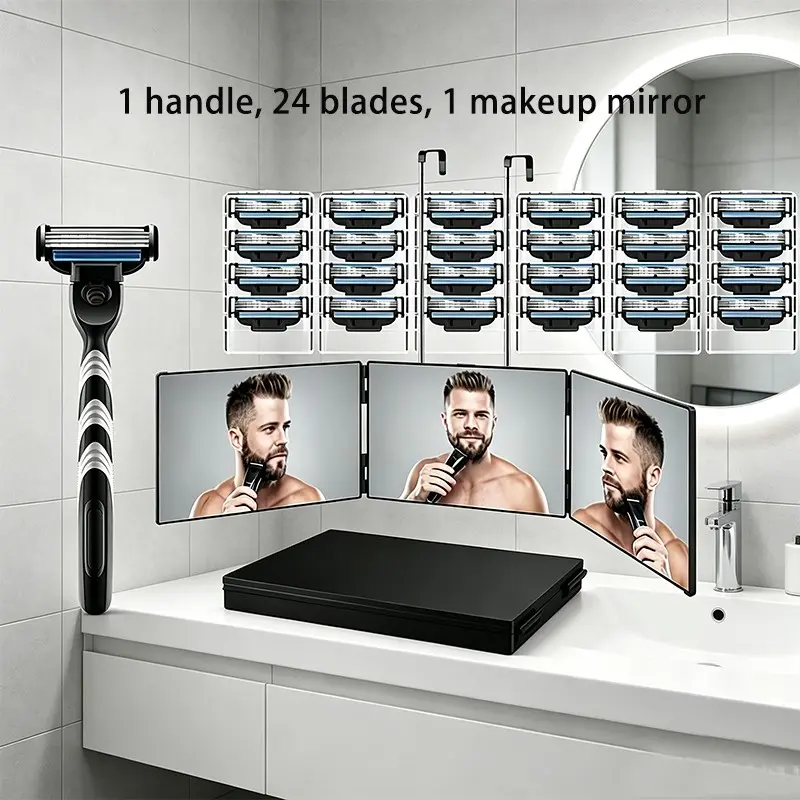 Men's Manual Razor Set, Includes Replacement Blades, Foldable Razor Mirror, Storage Box, Non-Slip Handle, Safe Shaving, Travel Shaver Daily Use