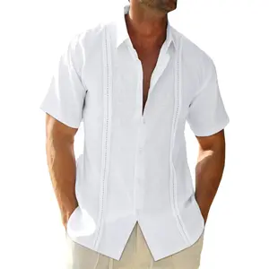 Mens Linen Cuban Guayabera Shirts Button Down Short Sleeve Shirt Cotton Hippie Summer Beach Vacation Shirts(Gift)