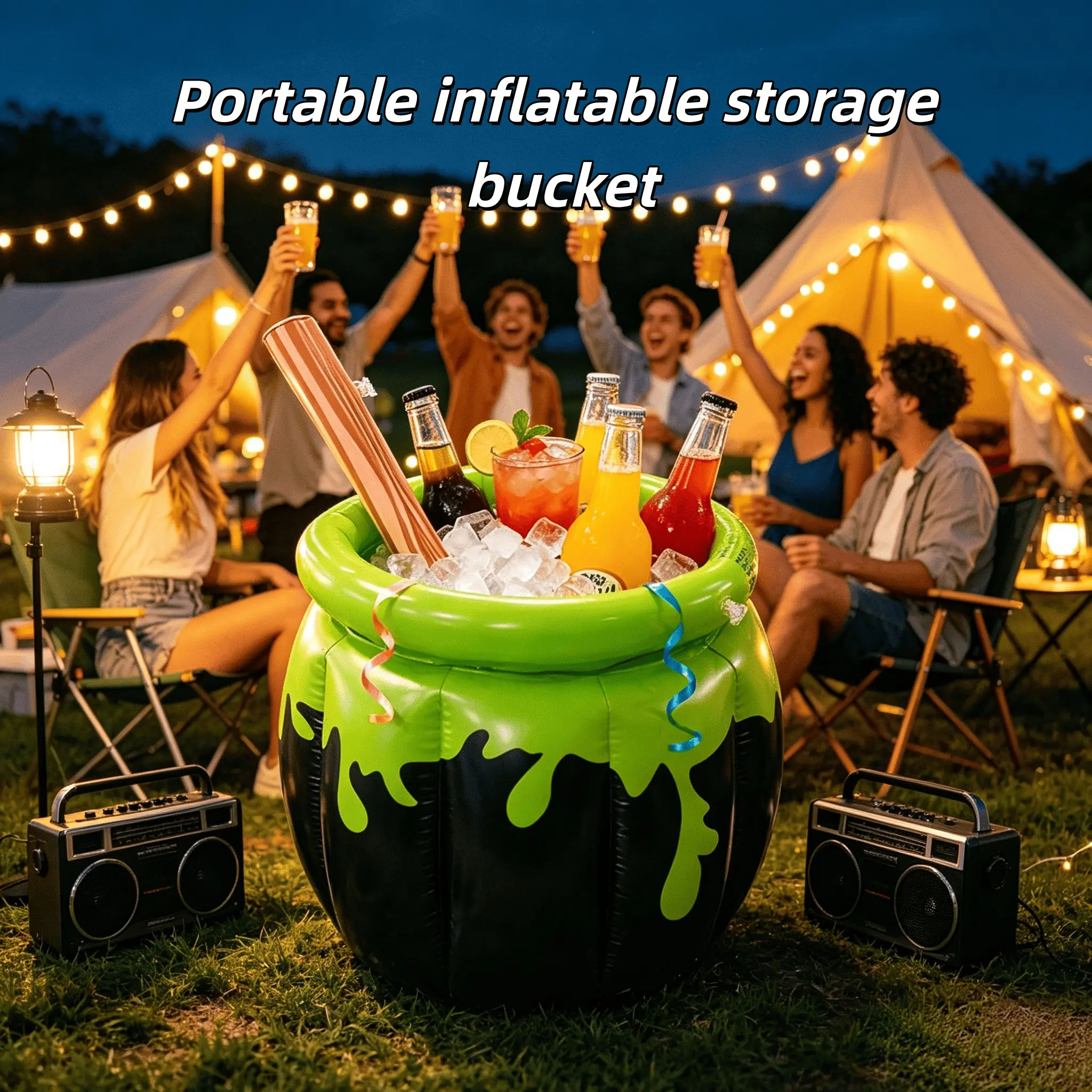 PVC Inflatable Witch Cauldron Ice Bucket Drink Cooler Beverage Holder Halloween Party Decoration Supplies Indoor Outdoor Beer Wine Drinks Cooler Tub For Holiday Party