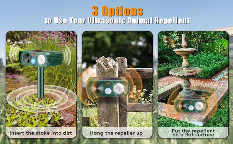 Solar Powered Ultrasonic Animal Repellent - Outdoor Safe Cat Repellent with Infrared Motion Sensor - Waterproof Deterrent to Scare Away Skunks, Rabbits, Raccoons, Snakes, Dogs, Bears, and Squirrels for Yards