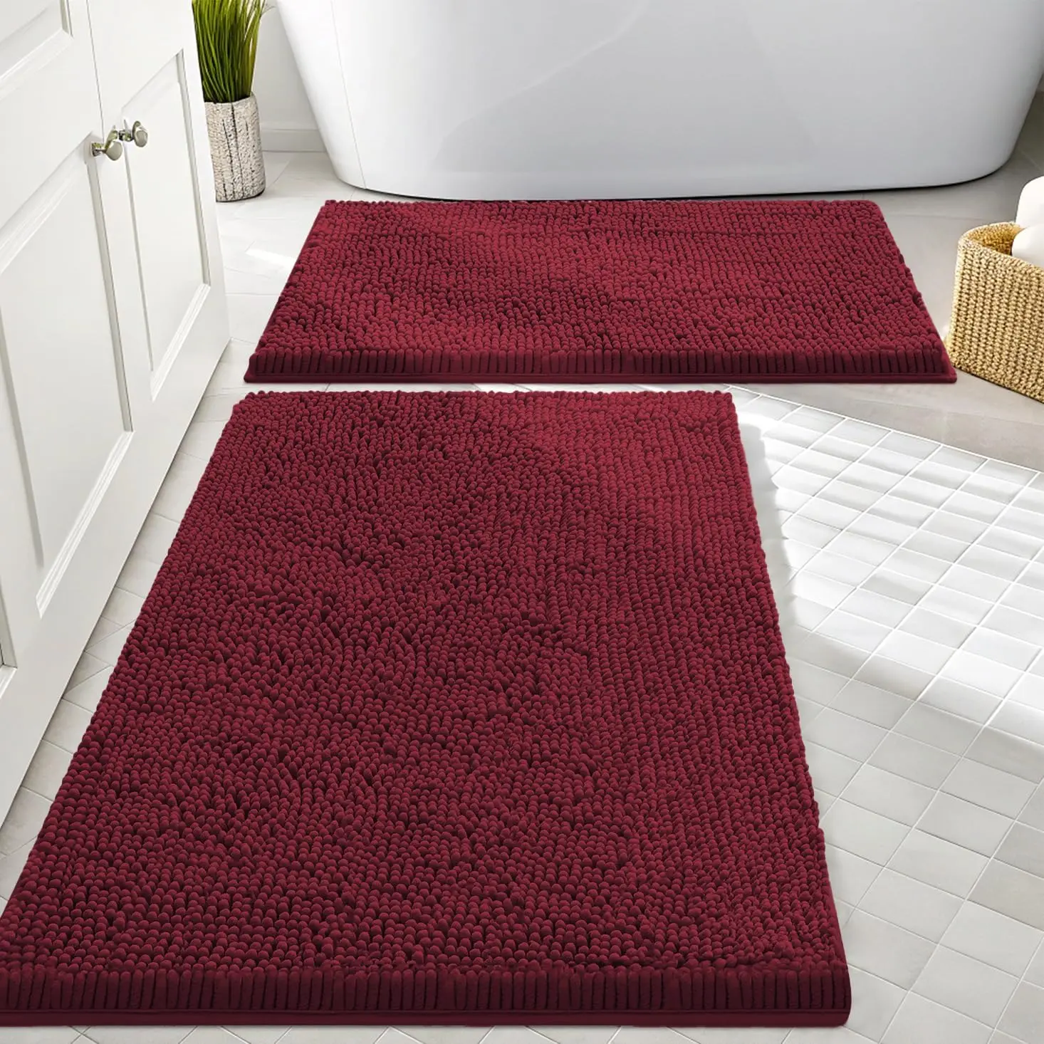 2-Piece Solid Rectangle Modern Bath Mat Set (30x20in + 24x16in, Burgundy) - Soft, Absorbent, Machine Washable, Non-Slip Shaggy Rugs for Tub, Shower, Home Decor