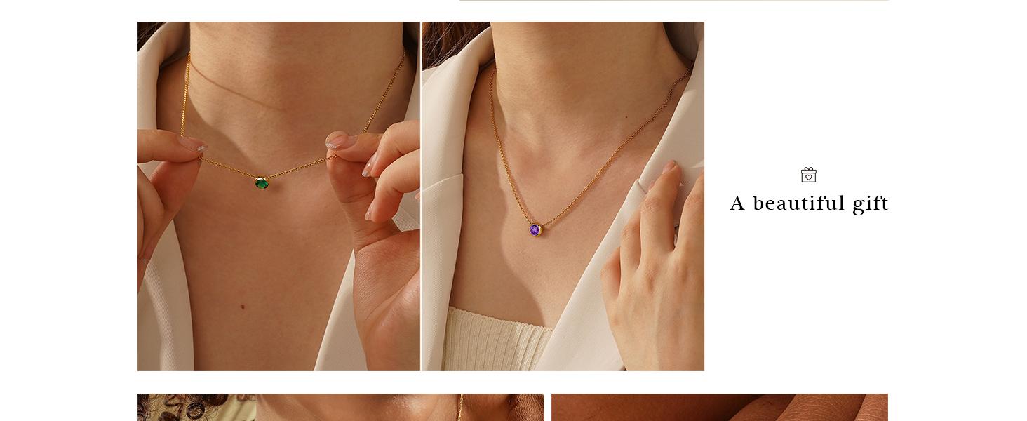 Trendy Birthstone Necklace for Women, Dainty 14K Gold Plated Red Blue Green Diamond Emerald Birthstone Necklace 12 Month Birthstone Jewelry Birthday Gifts for Women Teen Girls