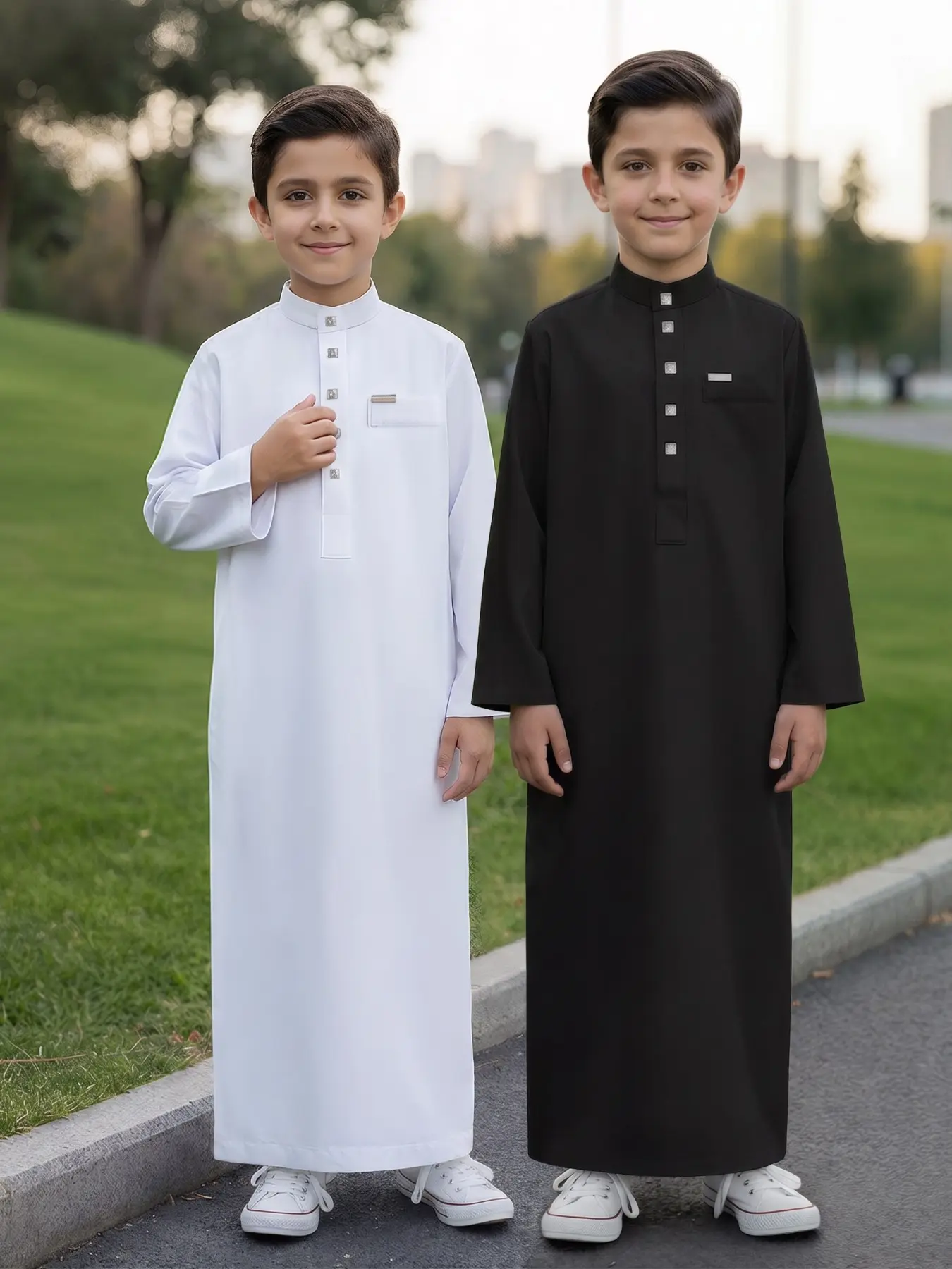 Classic Muslim Boy Long Thobe, Metal Square Button Front, Stand Collar, Long Sleeve, Side Pockets, Suitable for Ages 8-12, Casual & Festive
