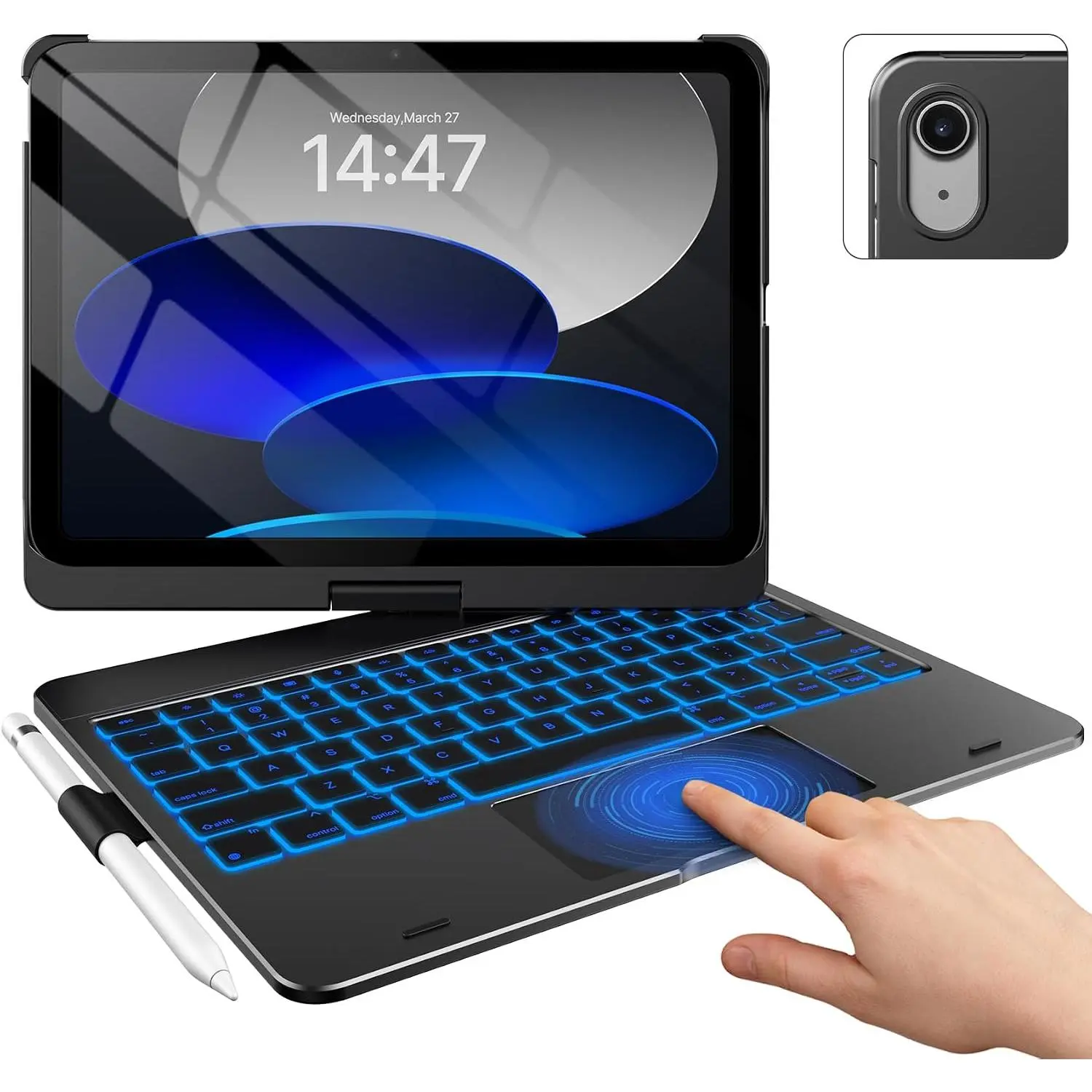 iPad 11th 10th Generation Case with Keyboard (11" 2025, A16 & 10.9" 2022) – 360° Rotatable, 11-Color Backlit, Multi- Trackpad, Pencil Holder, Thin & Light – Black