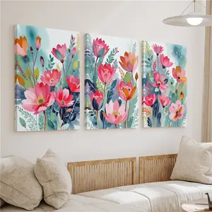 2D canvas, three-piece pink floral spring scene wall art - Vertical plant-themed canvas oil painting with wooden frame, edge-finished design suitable for living room, bedroom, bathroom - Vertical wall decoration, pink flowers and foliage