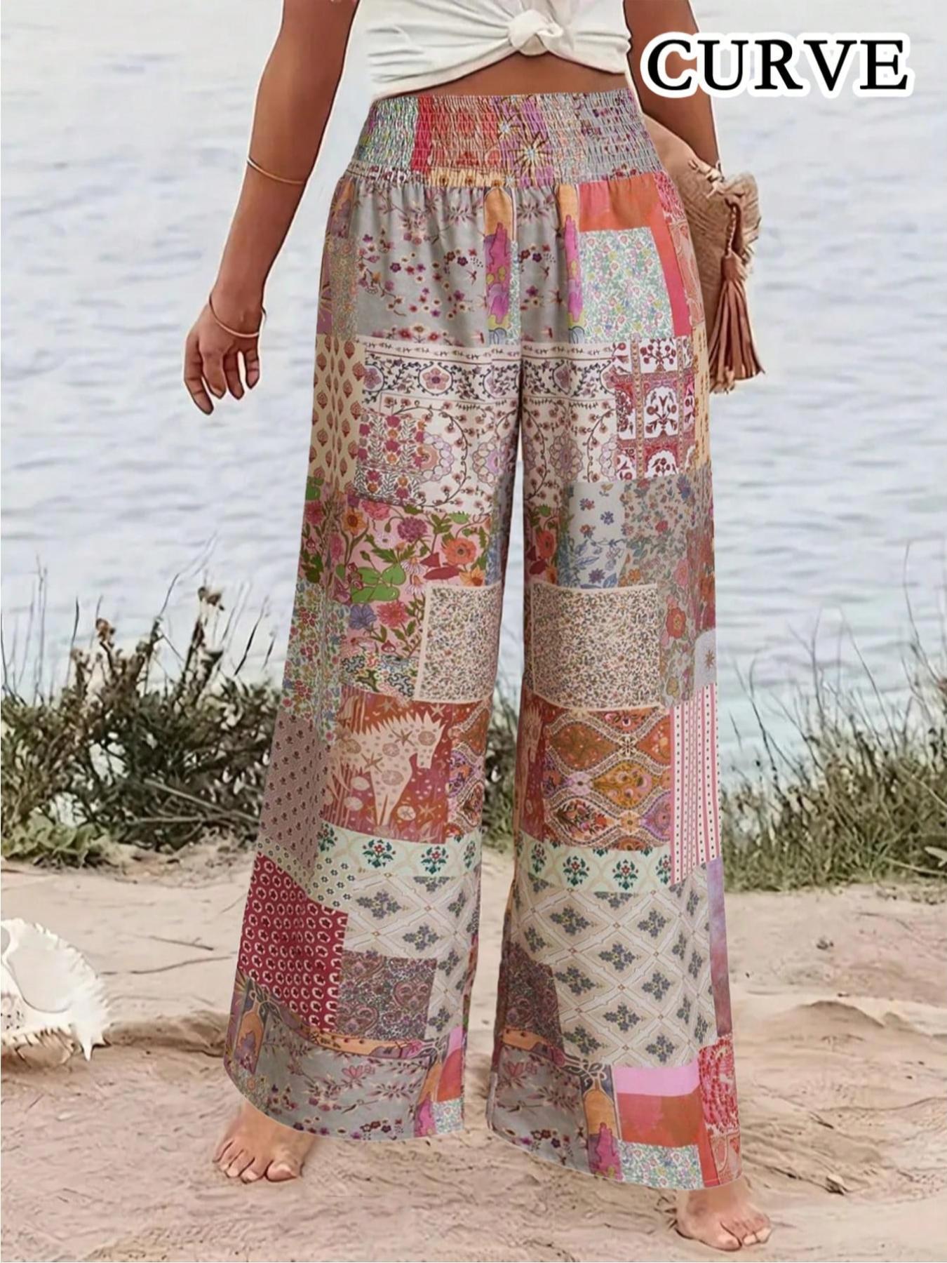 Plus Size Patchwork Print Plicated Shirred Wide Leg Pants, Casual Lounge Pants, Boho Casual High Waist Trousers, Casual Bohemian Trousers for Daily Vacation Holiday Wear, Women's Bottoms for All Seasons