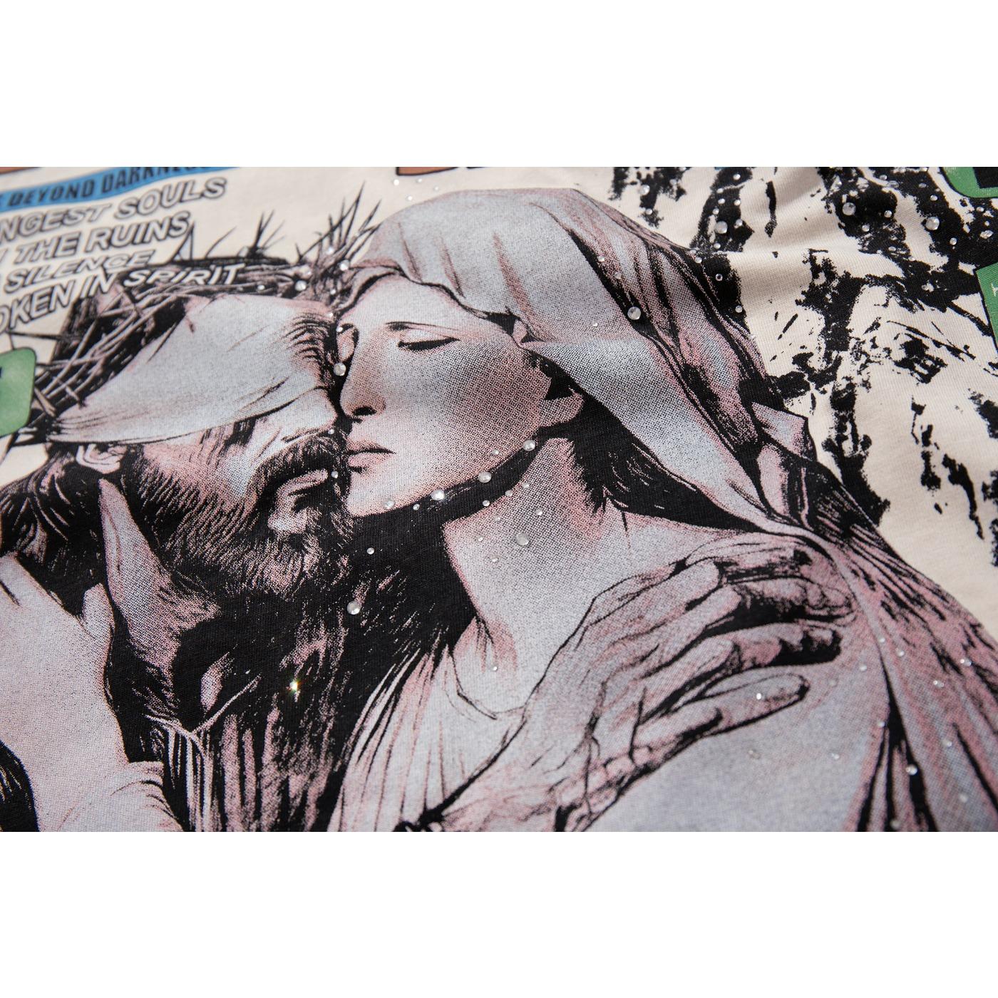 MAJESTIK New American High-Street Streetwear, Vintage Washed Distressed Frayed Edges, Heavy Rhinestone Inlay, Jesus & Virgin Mary Graphic Print, Black Y2K Hip Hop Crew Neck Short Sleeve Cotton T-Shirt Tops