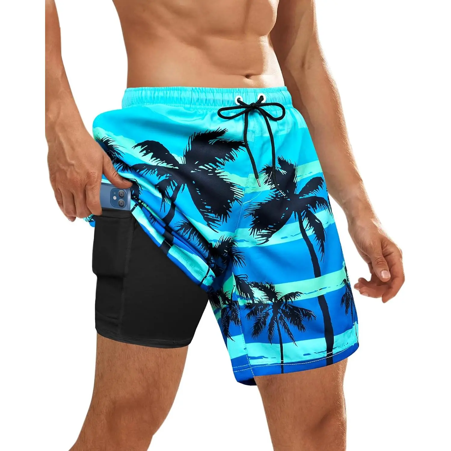 Mens Swim Trunks Bathing Suit Mens Swimwear Shorts Quick Dry with Compression Liner Beach Board with Zipper Pock