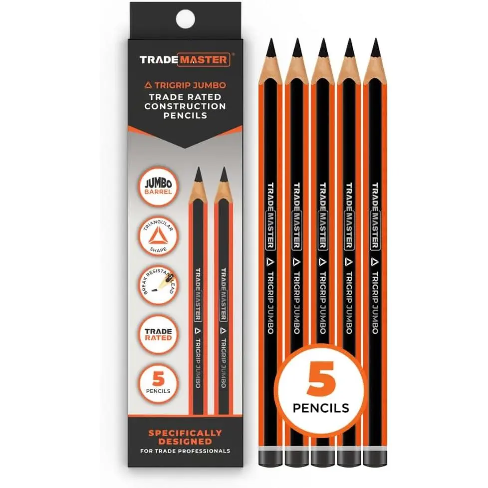 Carpenters Pencils Pack of 5 | Builders Pencil with TriGrip Jumbo Barrel - Construction Pencils Having Hard Lead for Marking Wood, Brick, Concrete & Plasterboard | Work Pencil for Builders