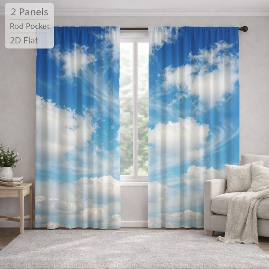 2Pcs Blue Sky White Cloud Pattern Landscape Sun Blocking Curtains Digital Printed Rod Pocket, Window Treatment For Bedroom Office Kitchen Living Room Study Home Decor
