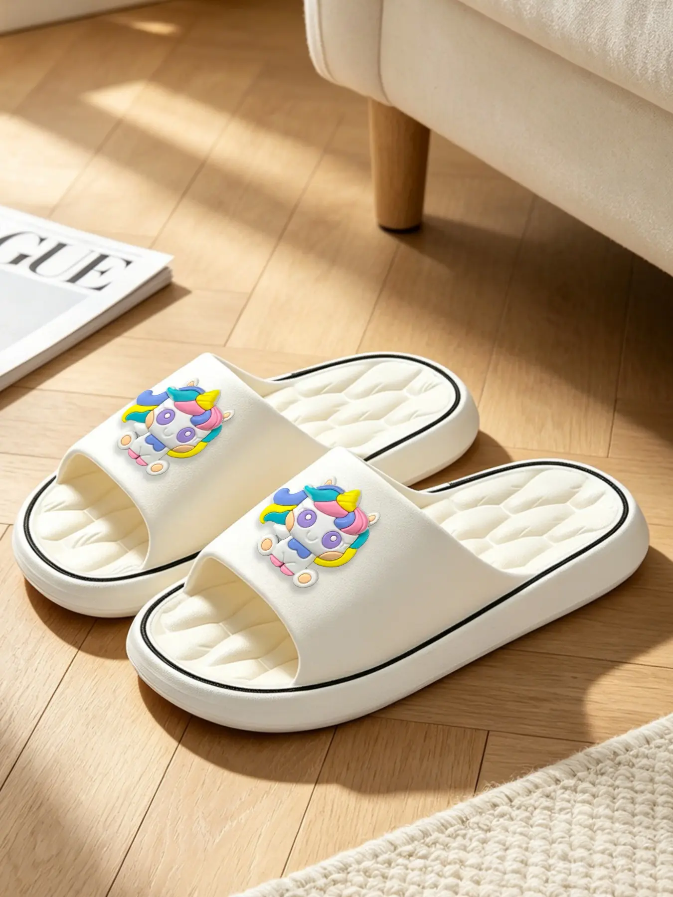 EVA one-piece injection molding foam slippers wave cushion inner bottom color unicorn three-dimensional stickers home out Leisure one-word slippers (shoes are too small to be taken one yard larger)