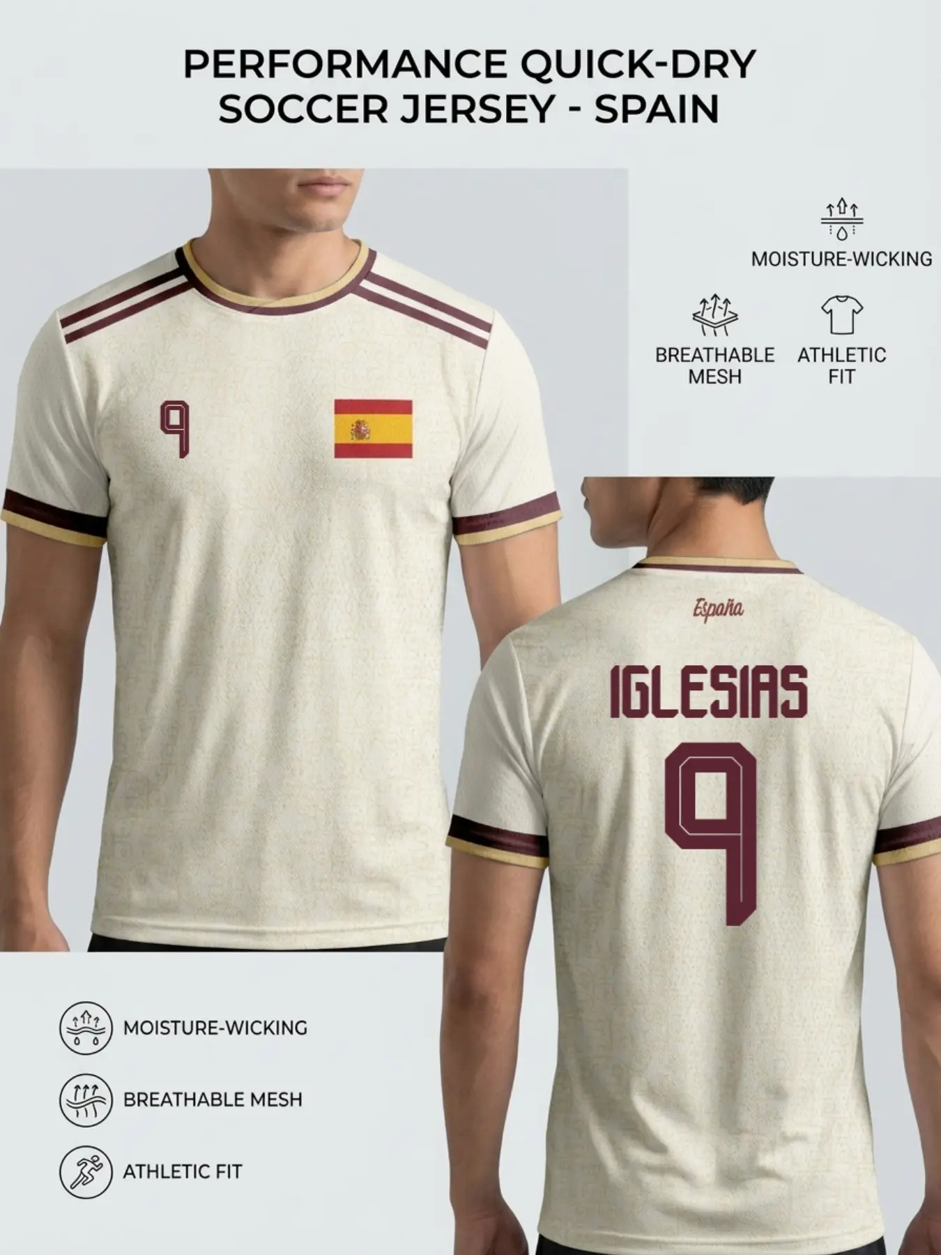 Spanish Classic Fan T-Shirt, Lightweight Quick-Dry Sporty Fabric, Breathable Sweat-Wicking, Slim Fit, All-Season Casual Top, Activewear T Shirt