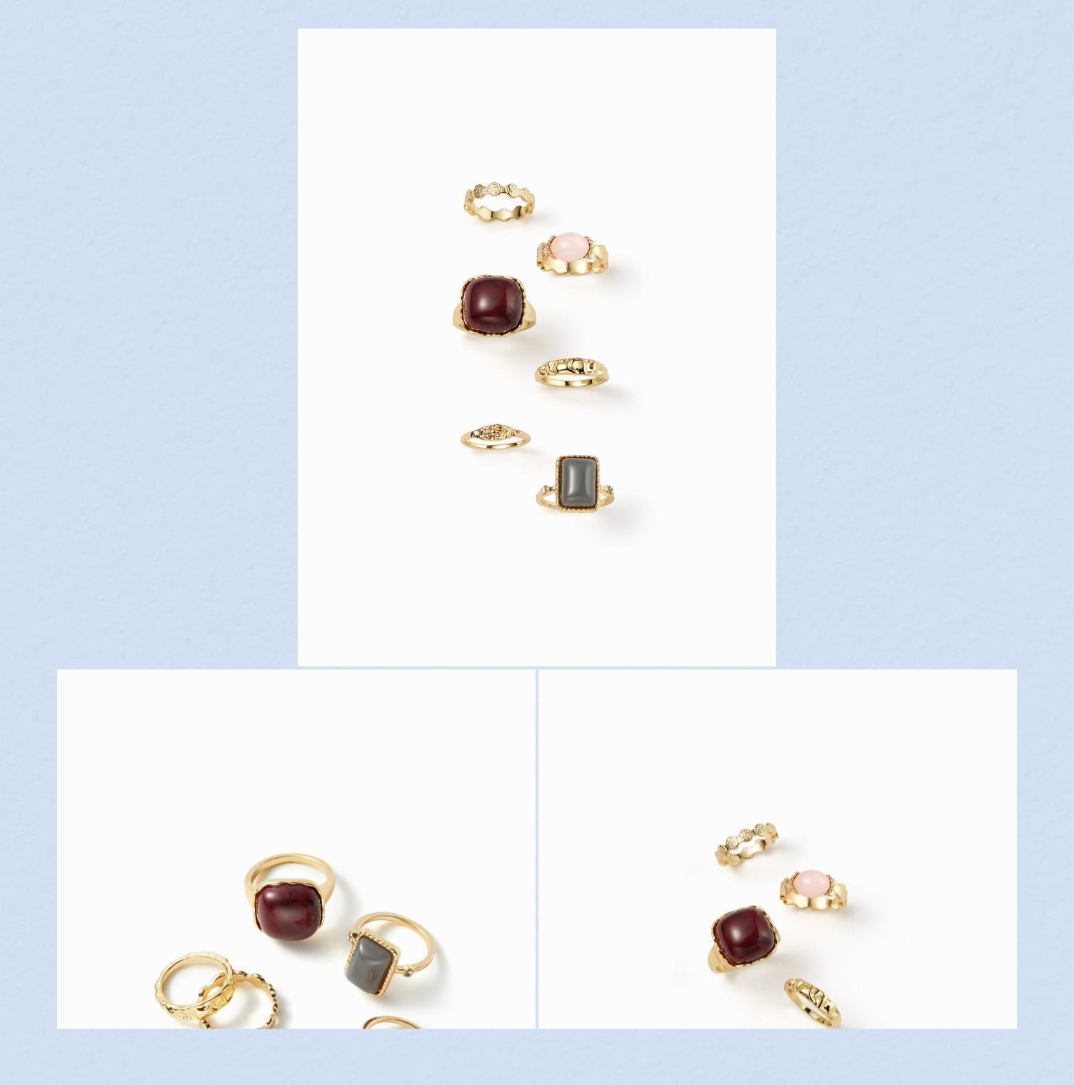 Cider 6 PCS GEMSTONE & ENGRAVED RING SET