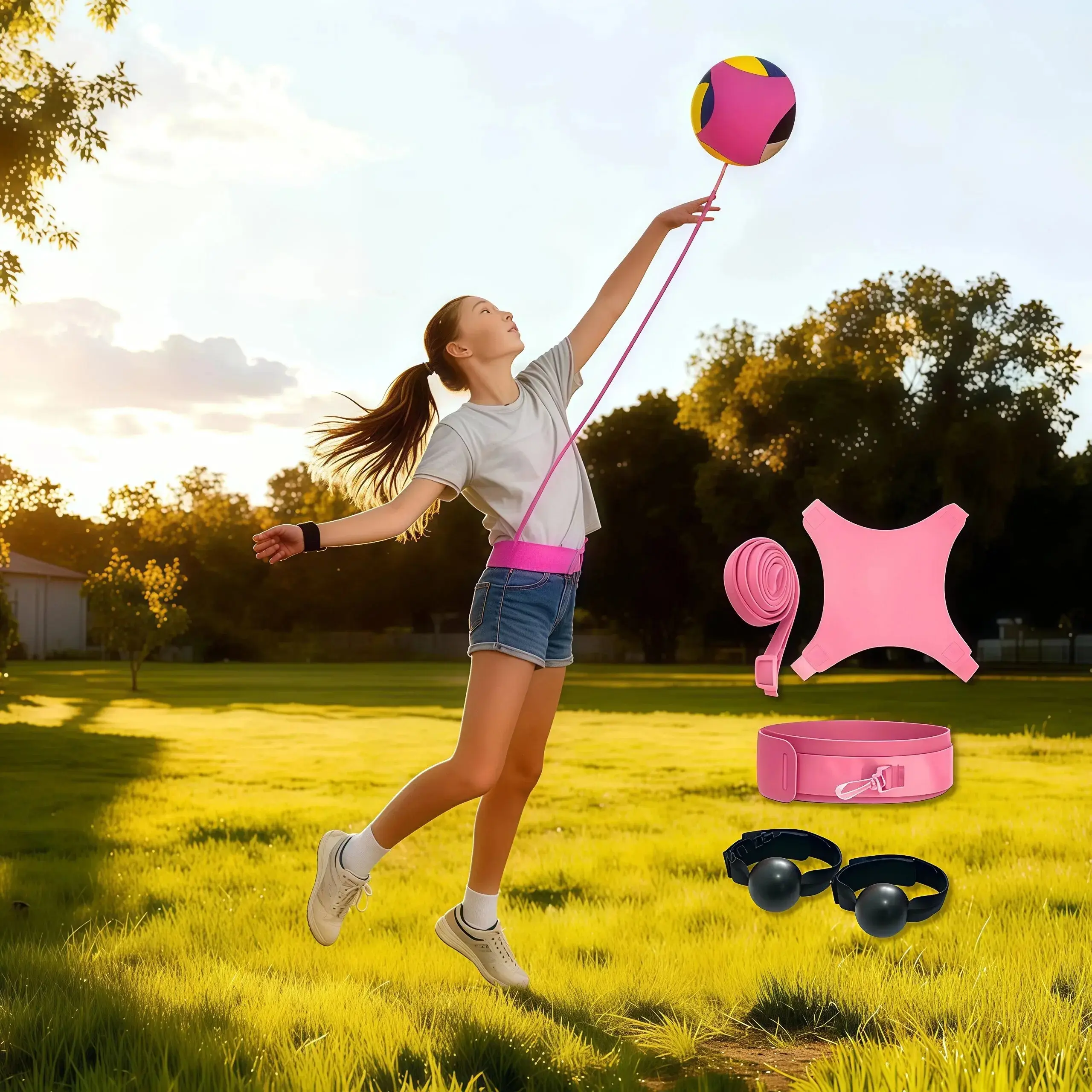 Unisex Lightweight Volleyball Training Gear - Nylon Rebound Belt Spiking Set with 3-in-1 Customizable Dial Drillmaster, Hand Ball, for Indoor Serving Drills, Blocks Practice, Black