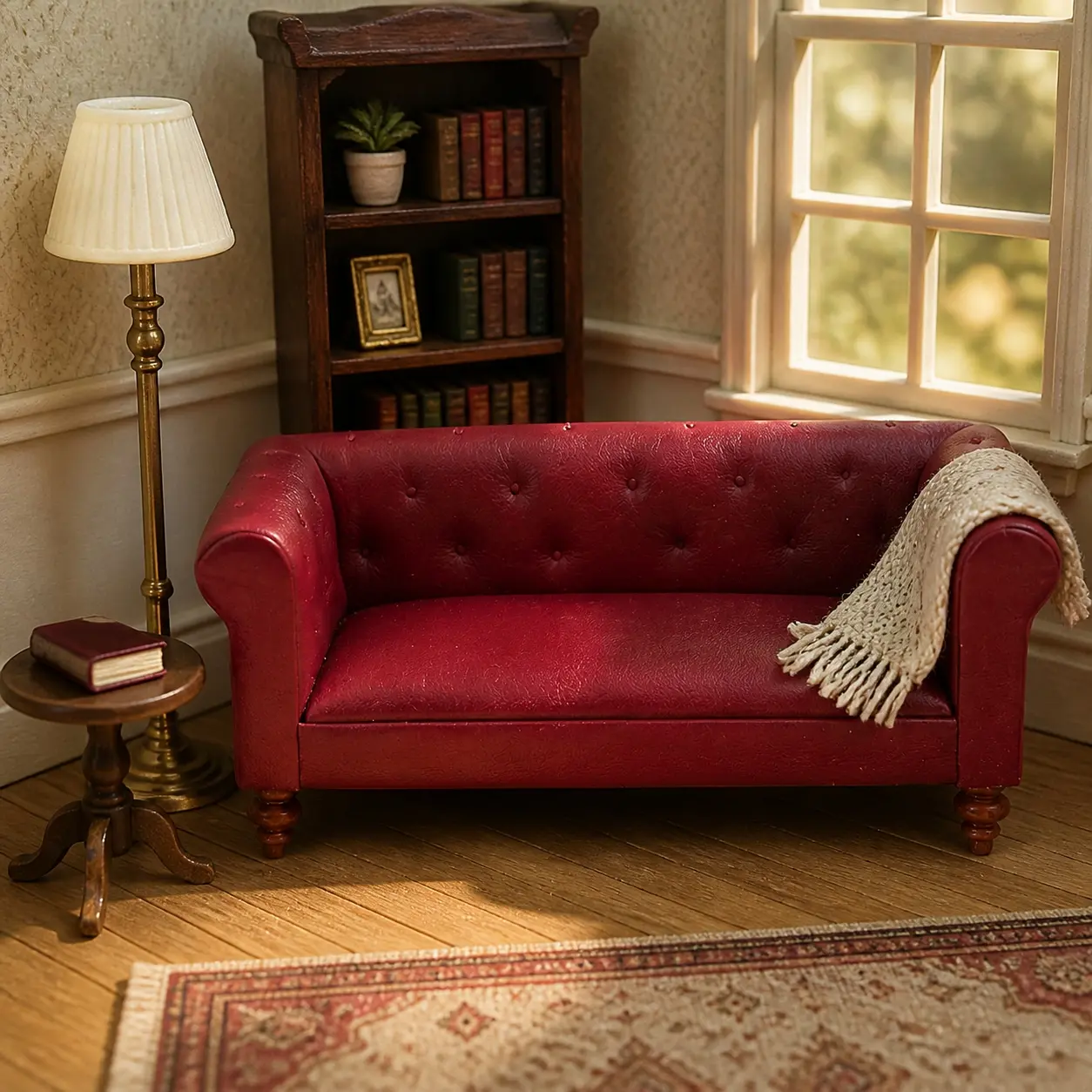 Dollhouse Miniature Upholstered Double Sofa DIY Living Room Scene Furniture Decor Rug Bookshelf Floor Lamp Christmas Easter New Year Gift